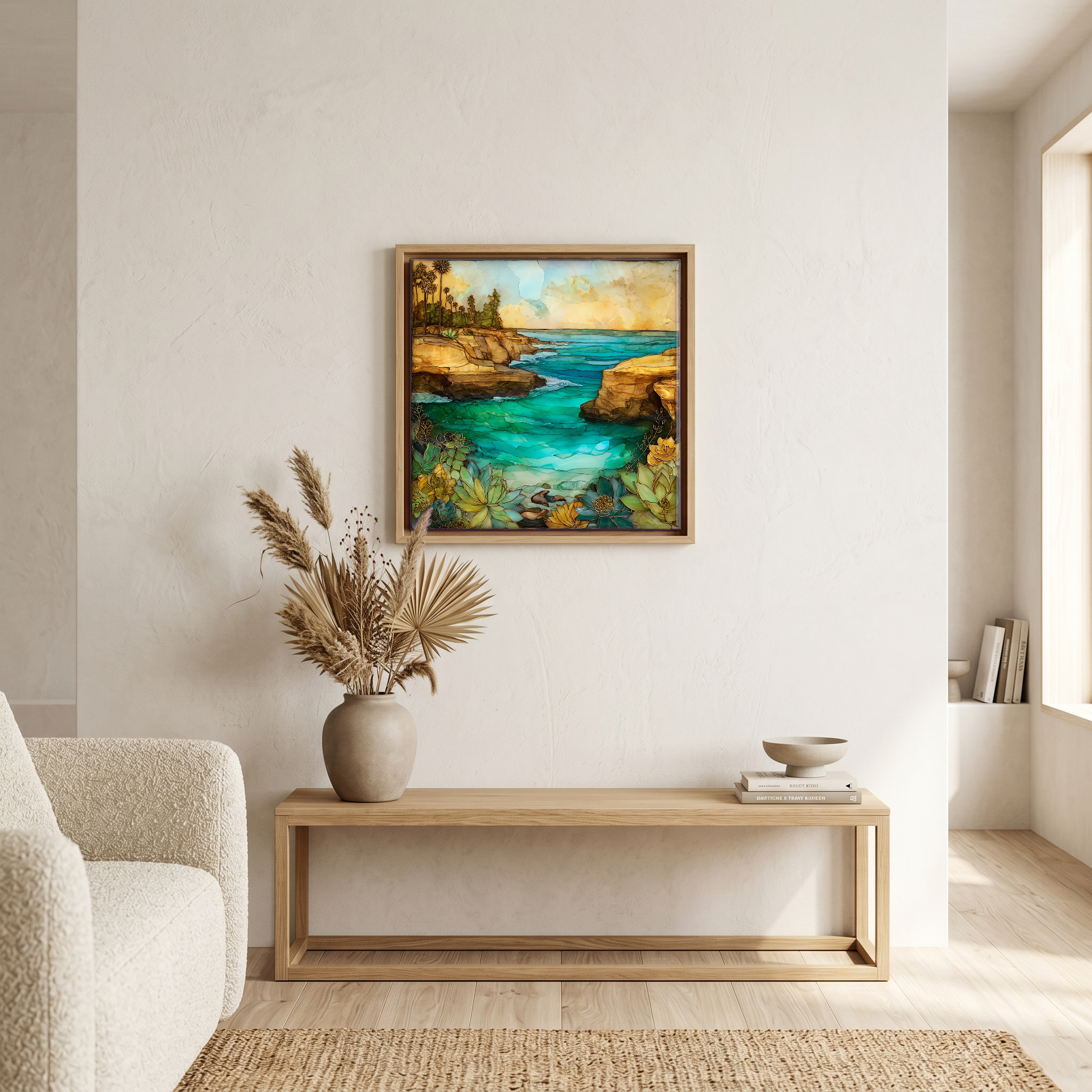 Above the bench, in a warm oak surround.