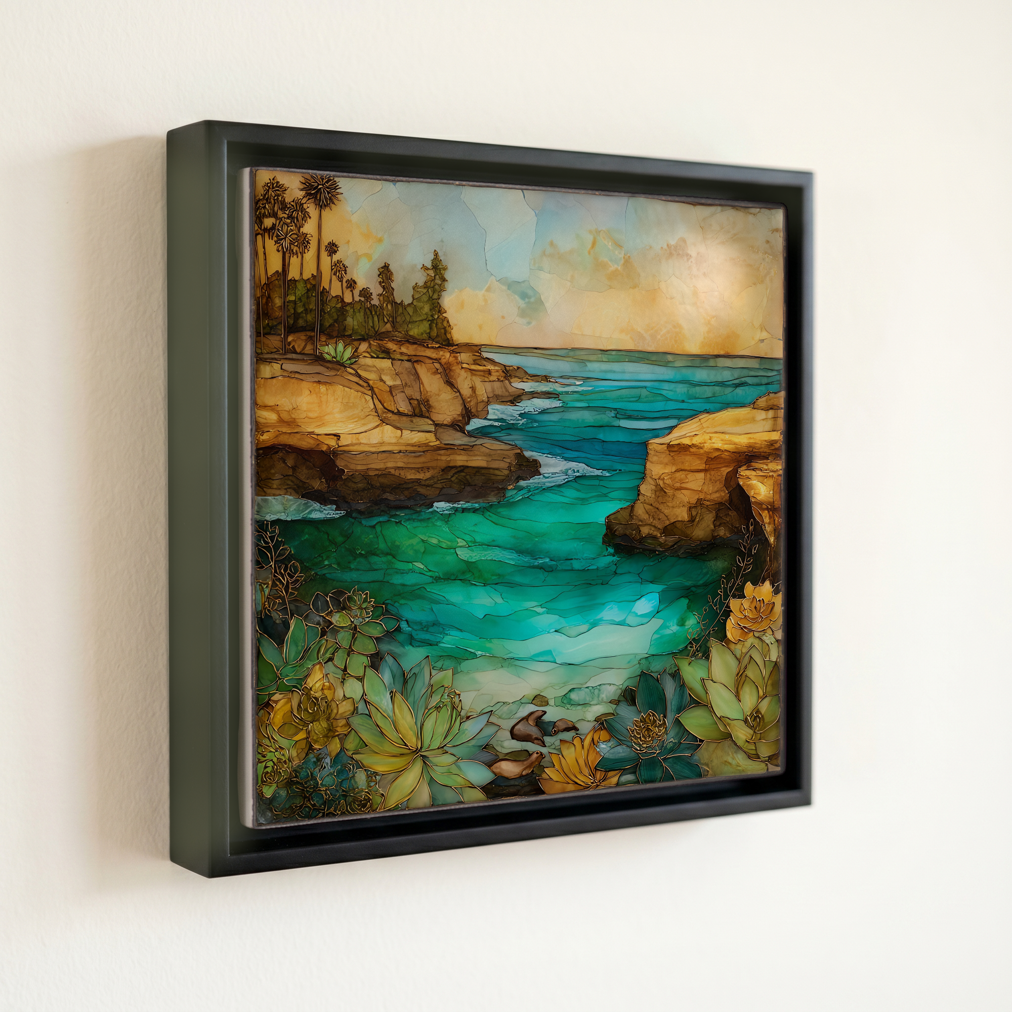 shown in a slim black floating frame · 6 × 6 in