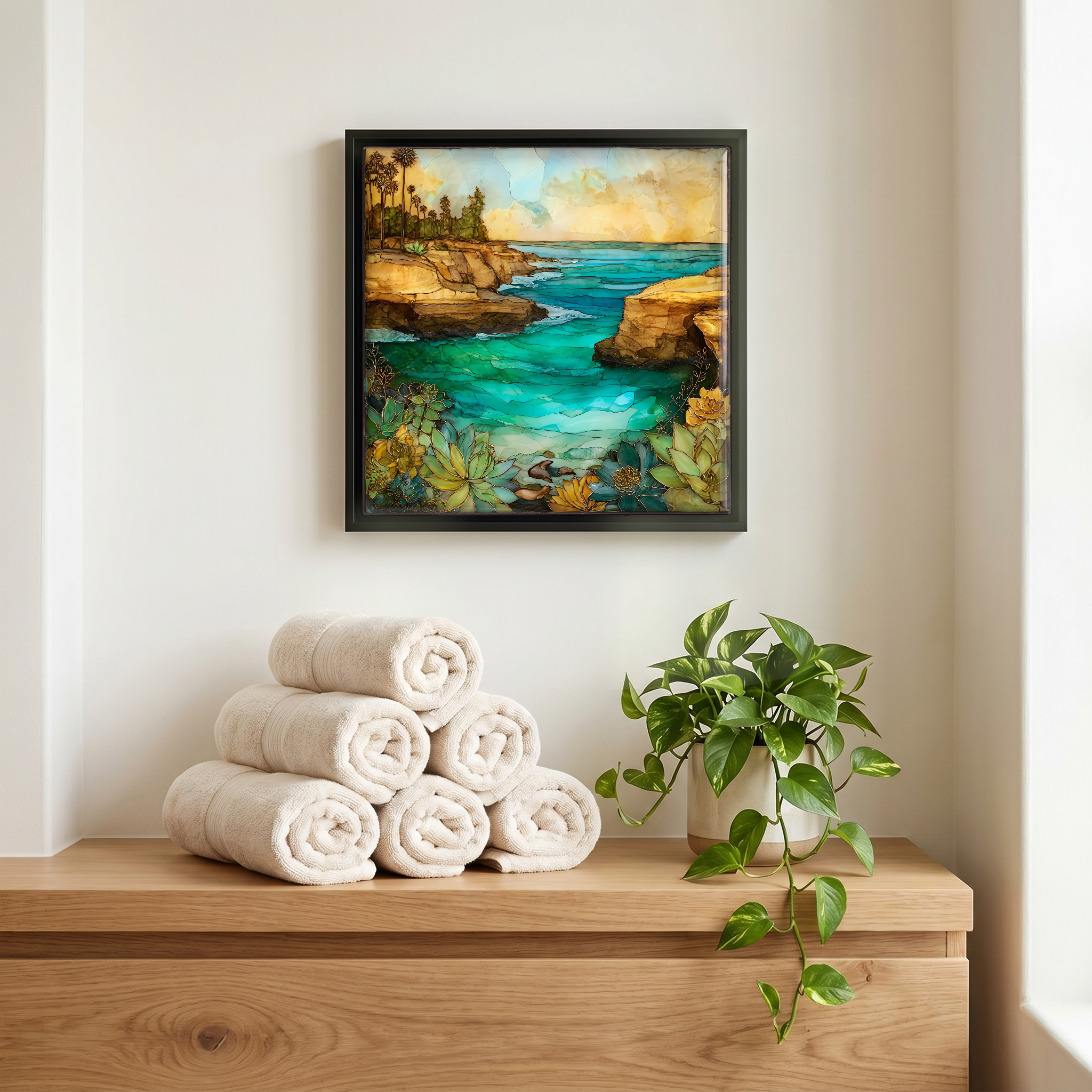 Above the linens, in a slim black surround.