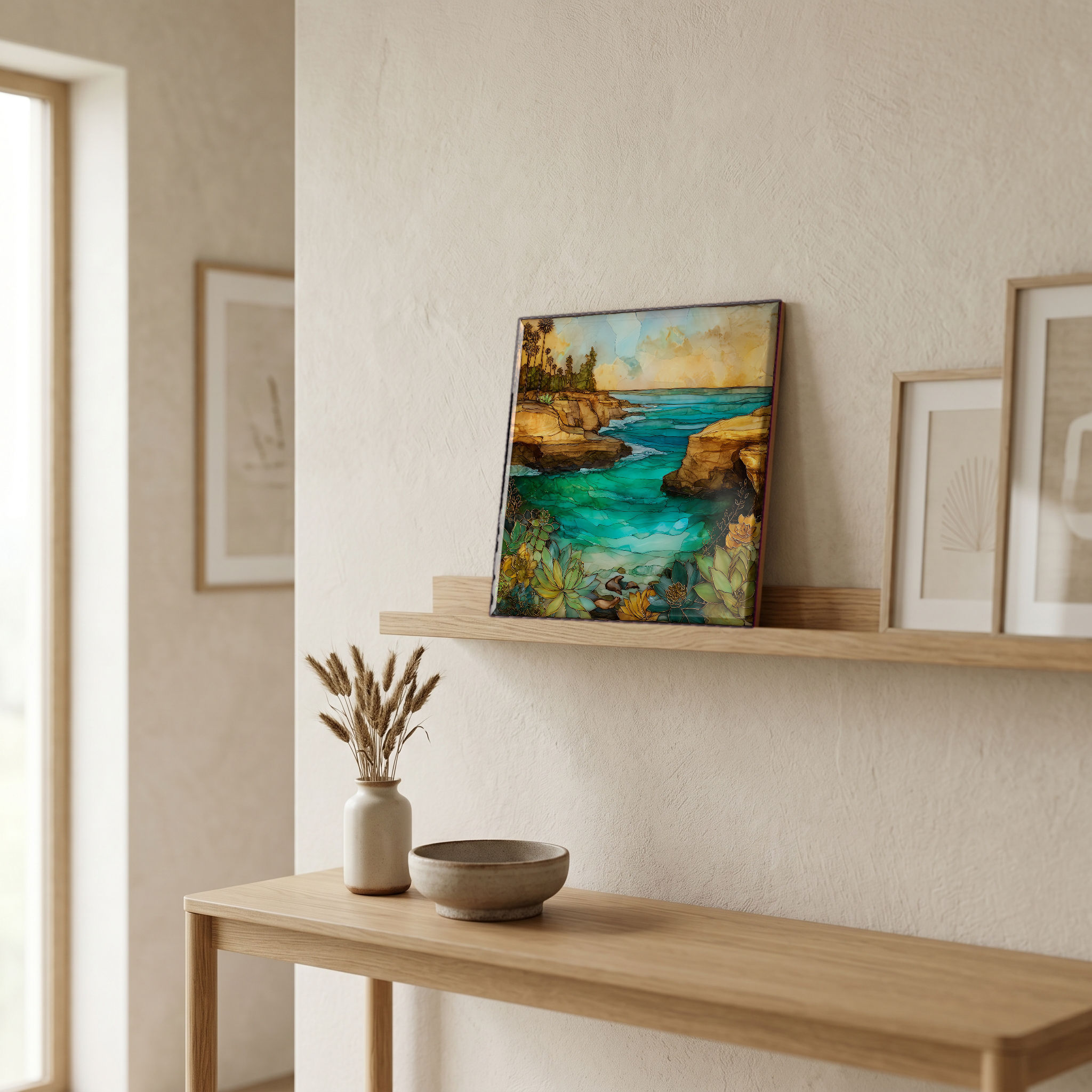 On a picture ledge, where the light comes in.