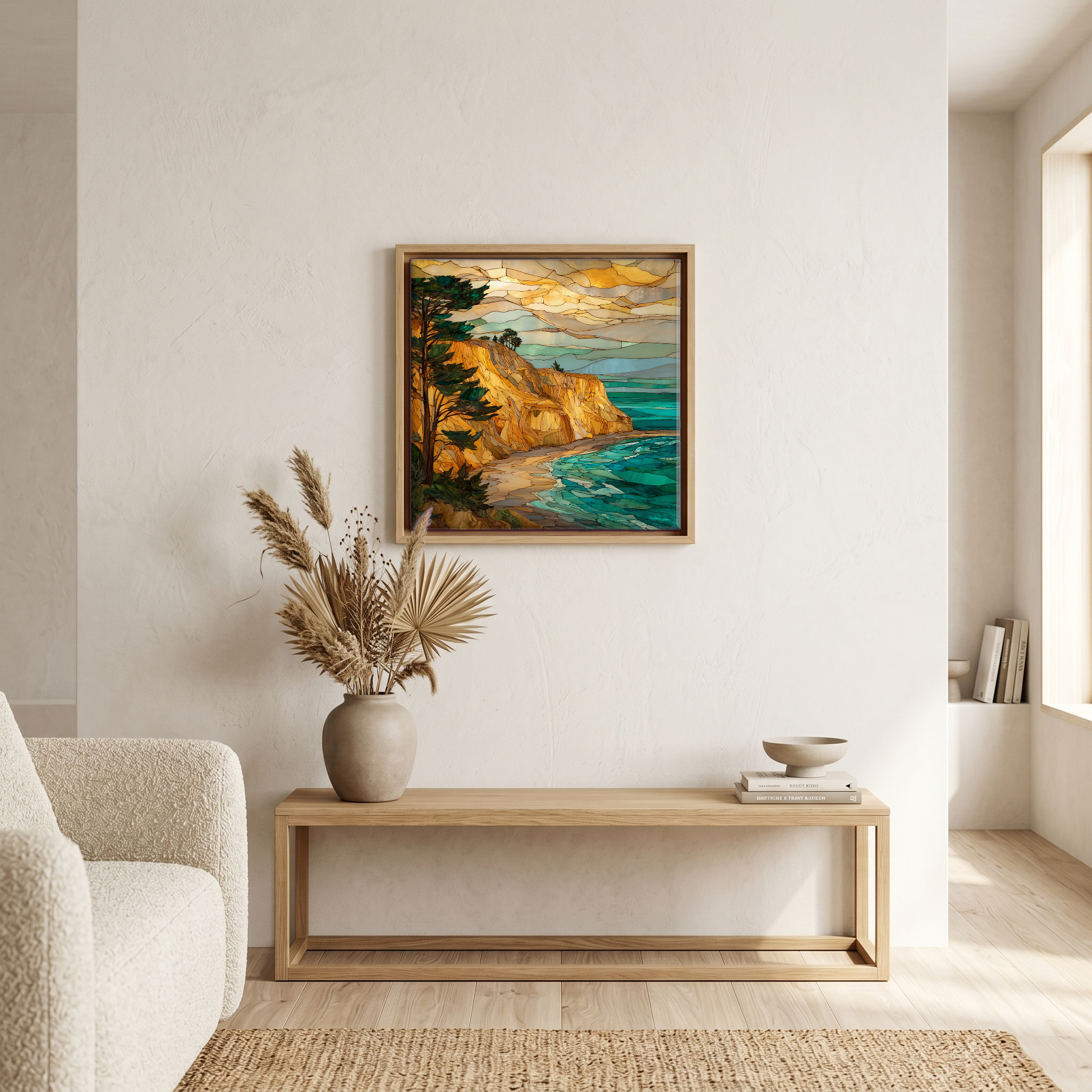 Above the bench, in a warm oak surround.