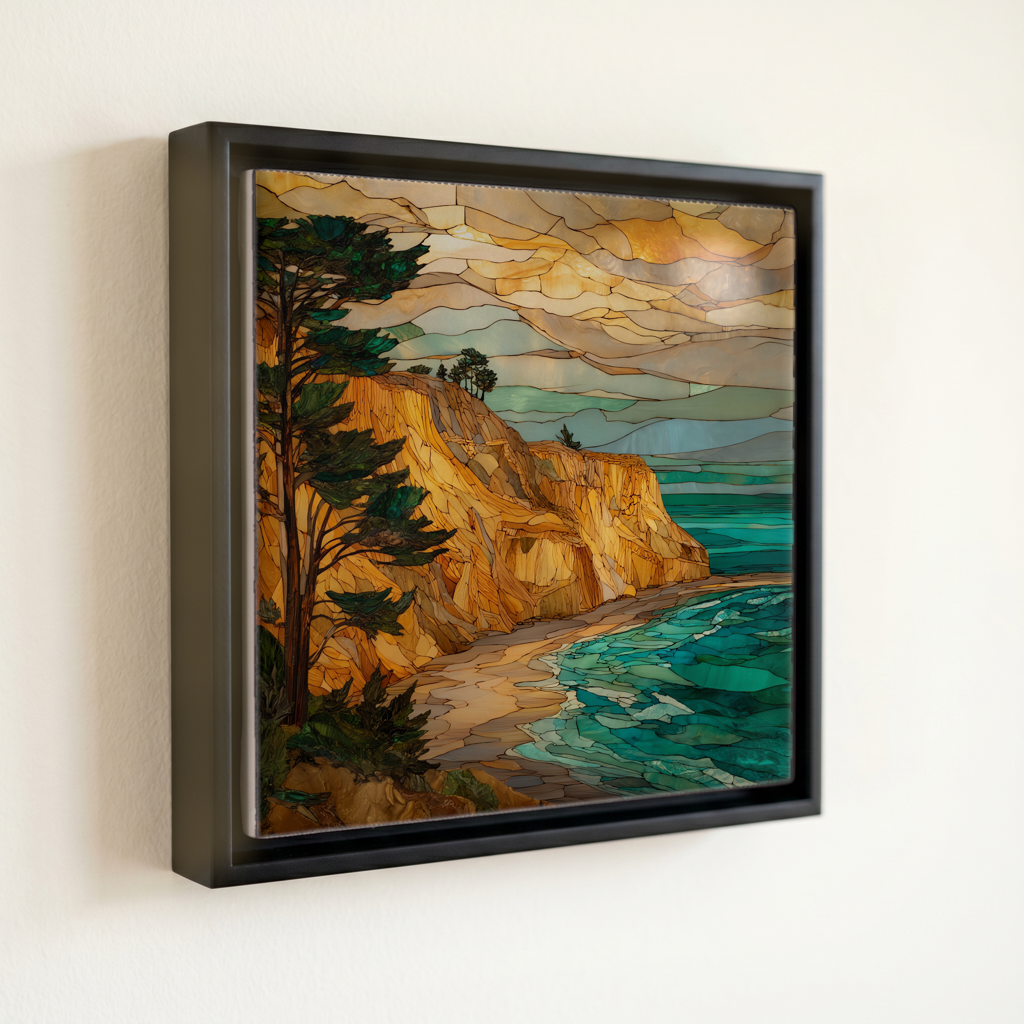 shown in a slim black floating frame · 6 × 6 in