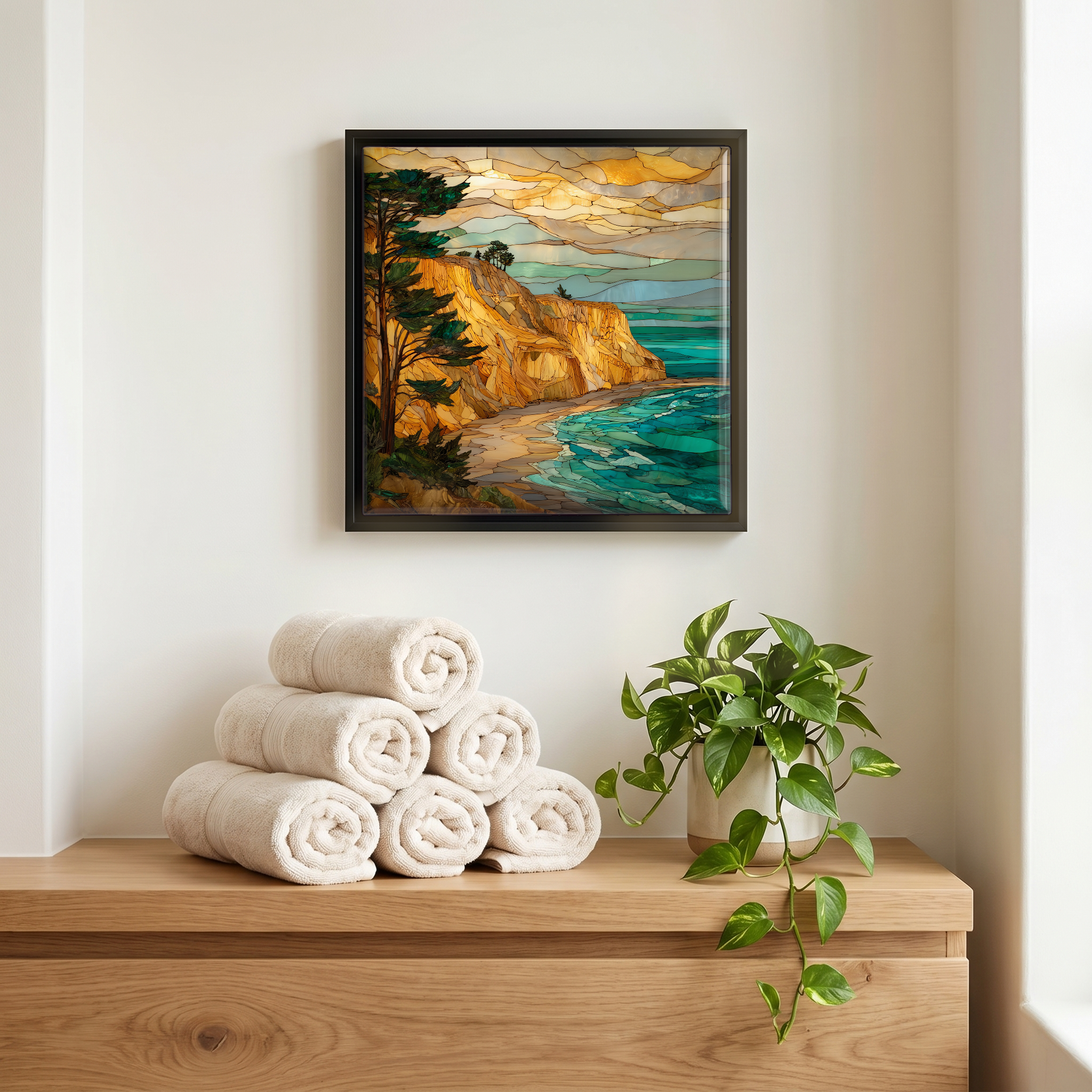 Above the linens, in a slim black surround.