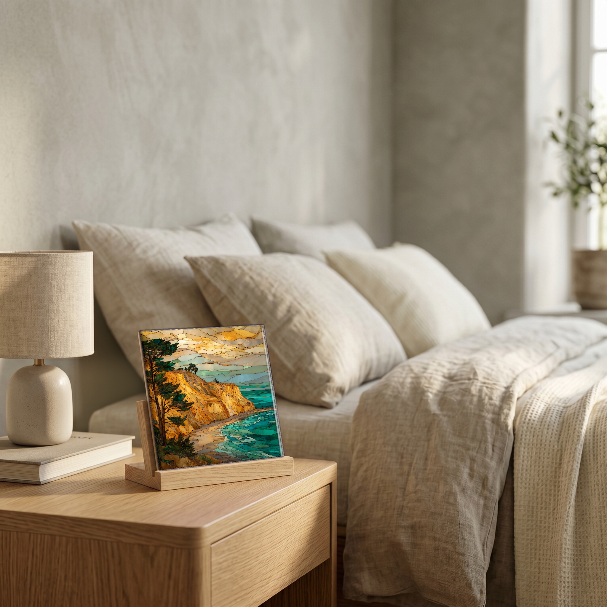 On the nightstand, on a light oak stand.