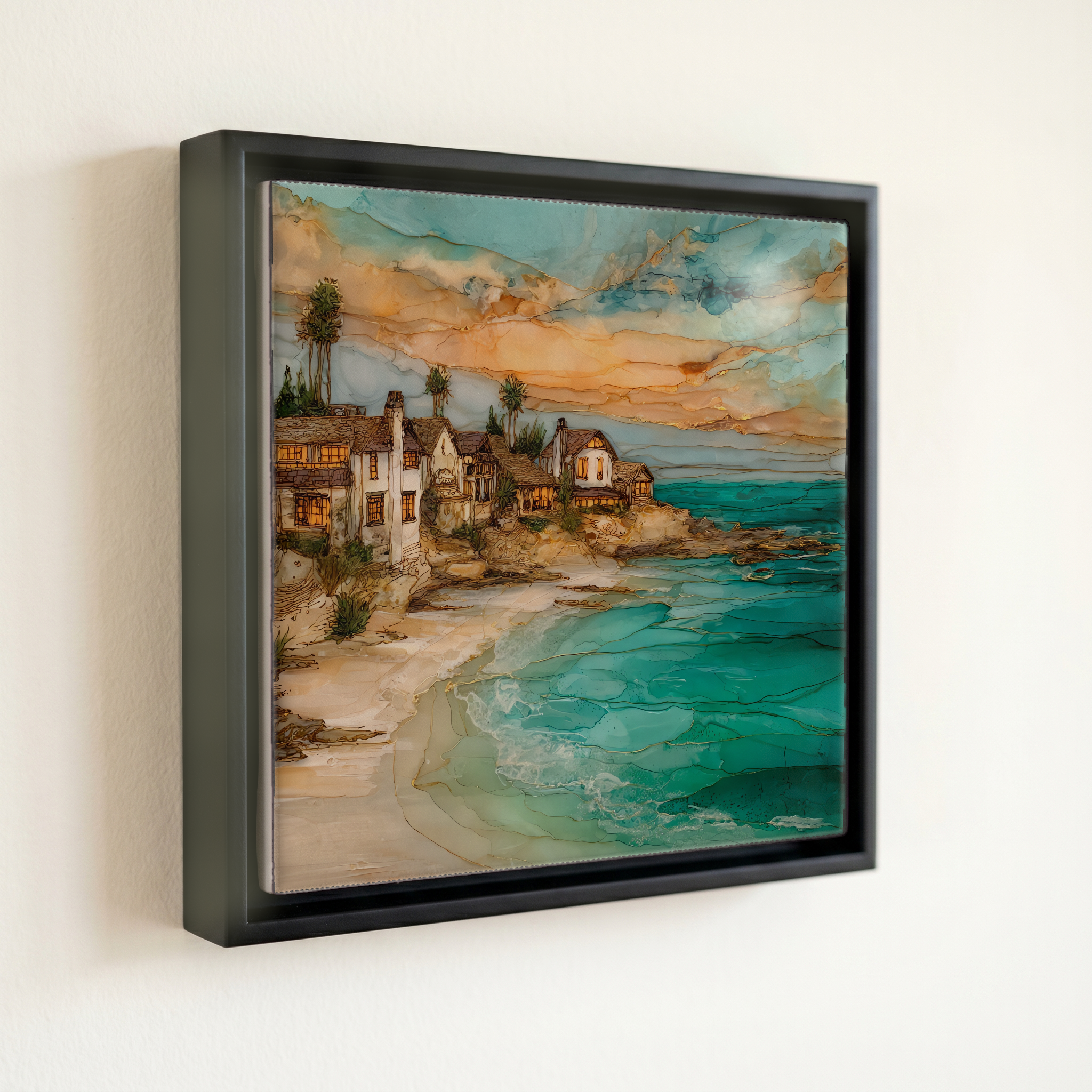 shown in a slim black floating frame · 6 × 6 in
