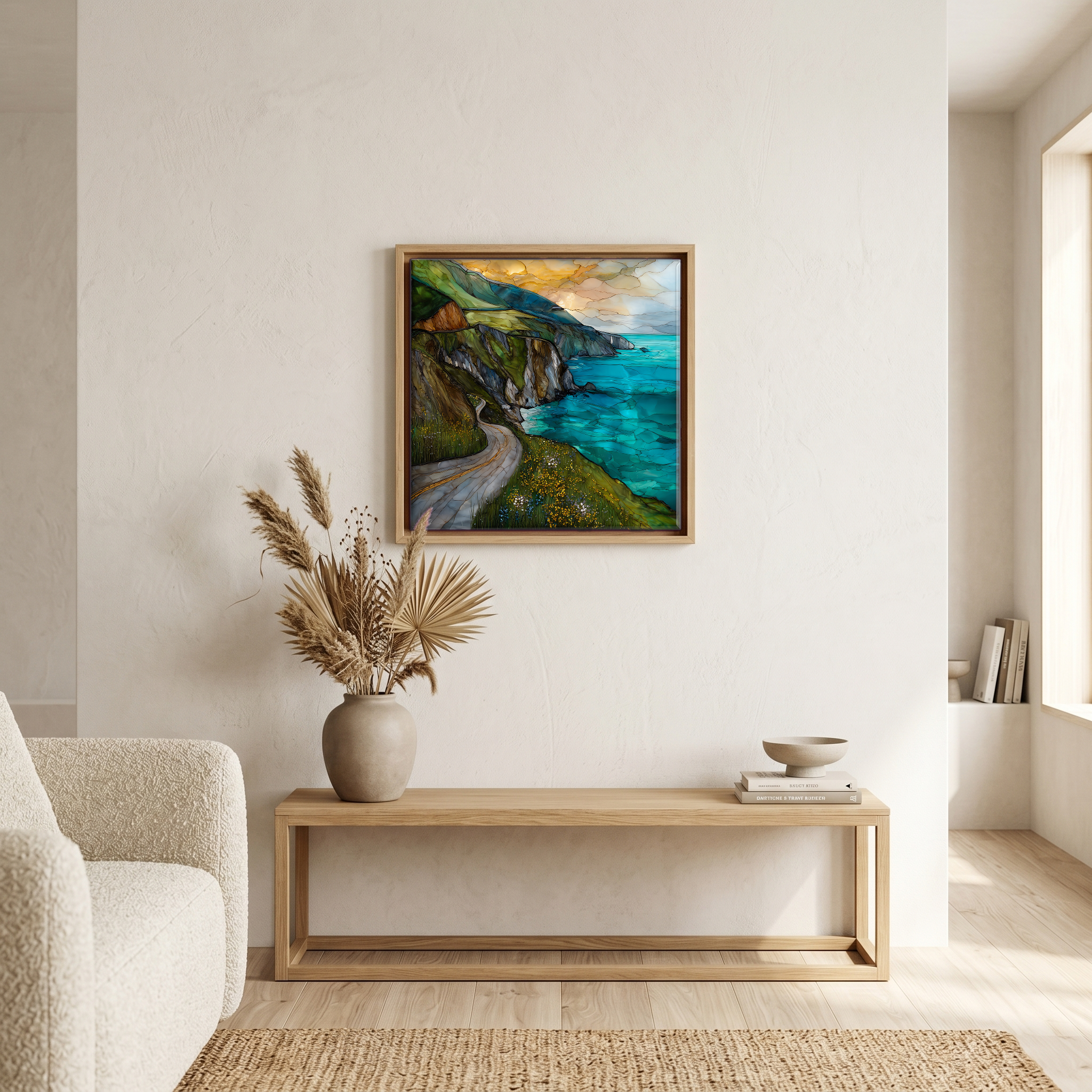 Above the bench, in a warm oak surround.
