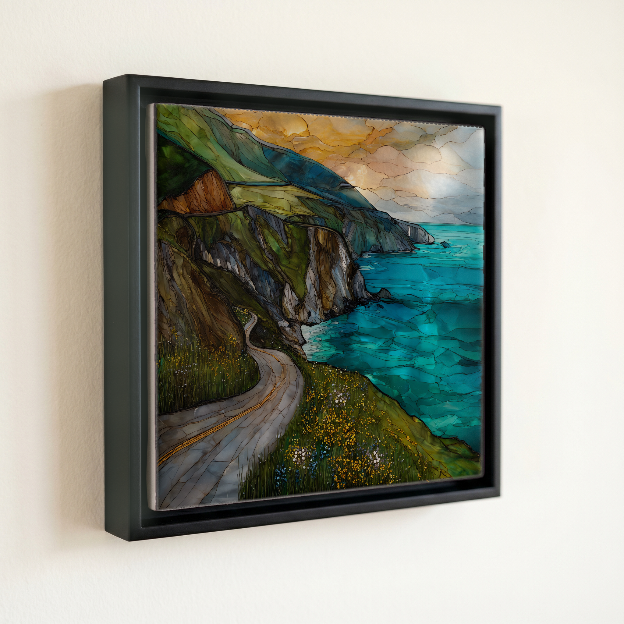 shown in a slim black floating frame · 6 × 6 in