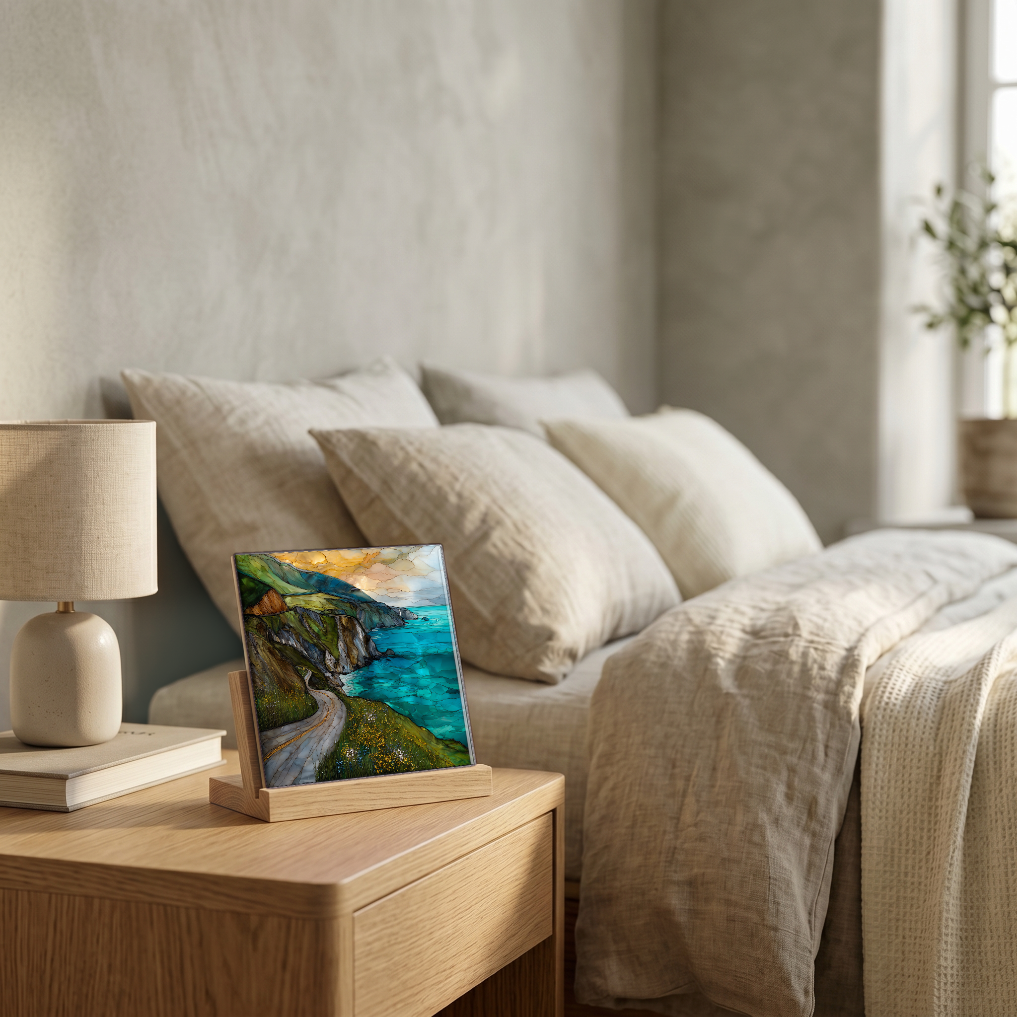 On the nightstand, on a light oak stand.