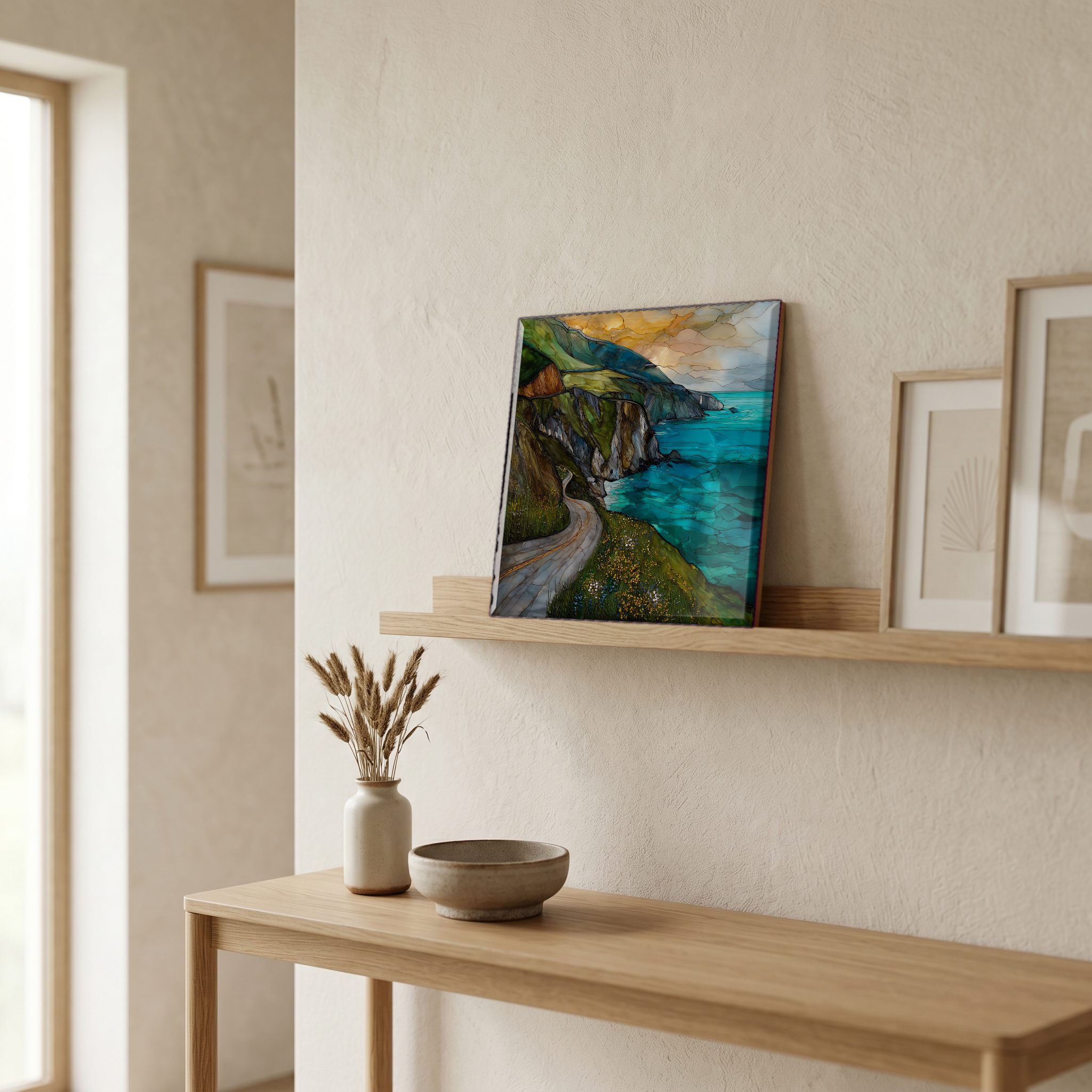 On a picture ledge, where the light comes in.