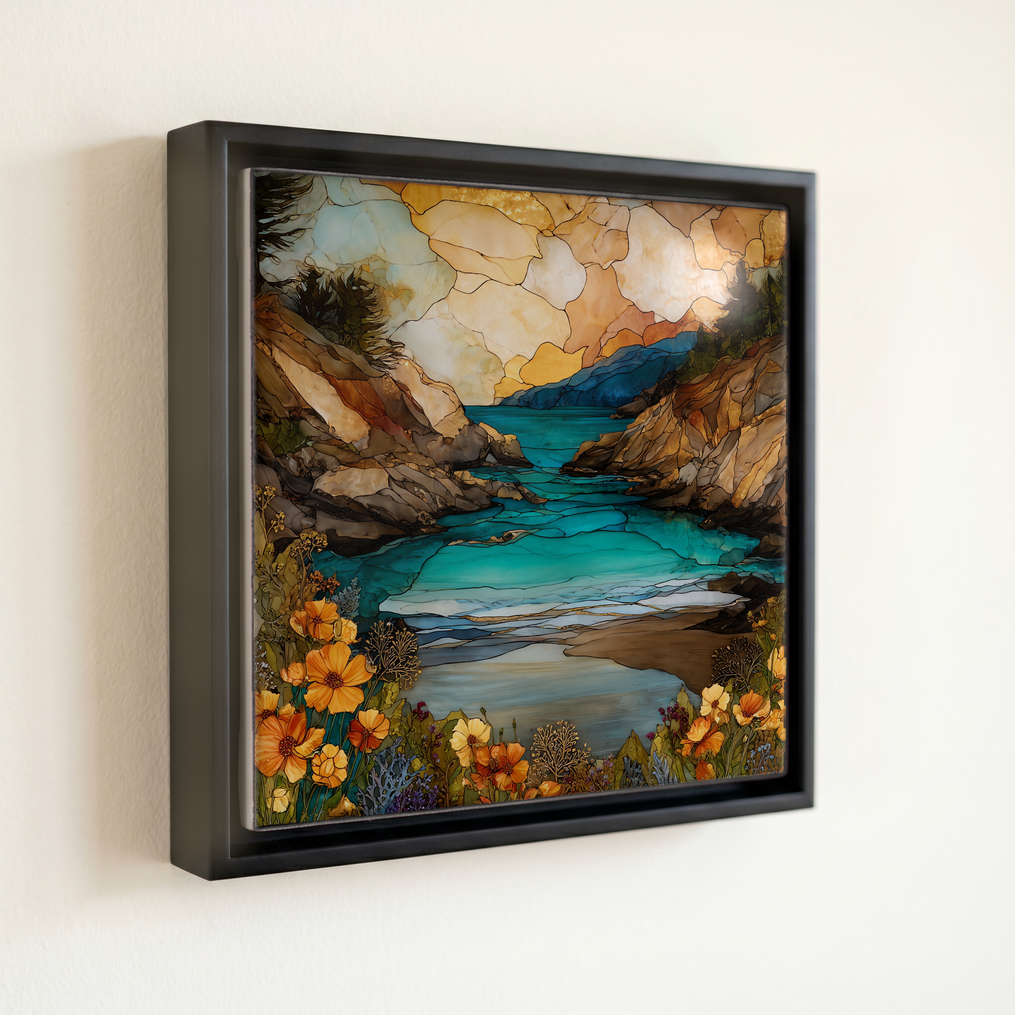 shown in a slim black floating frame · 6 × 6 in