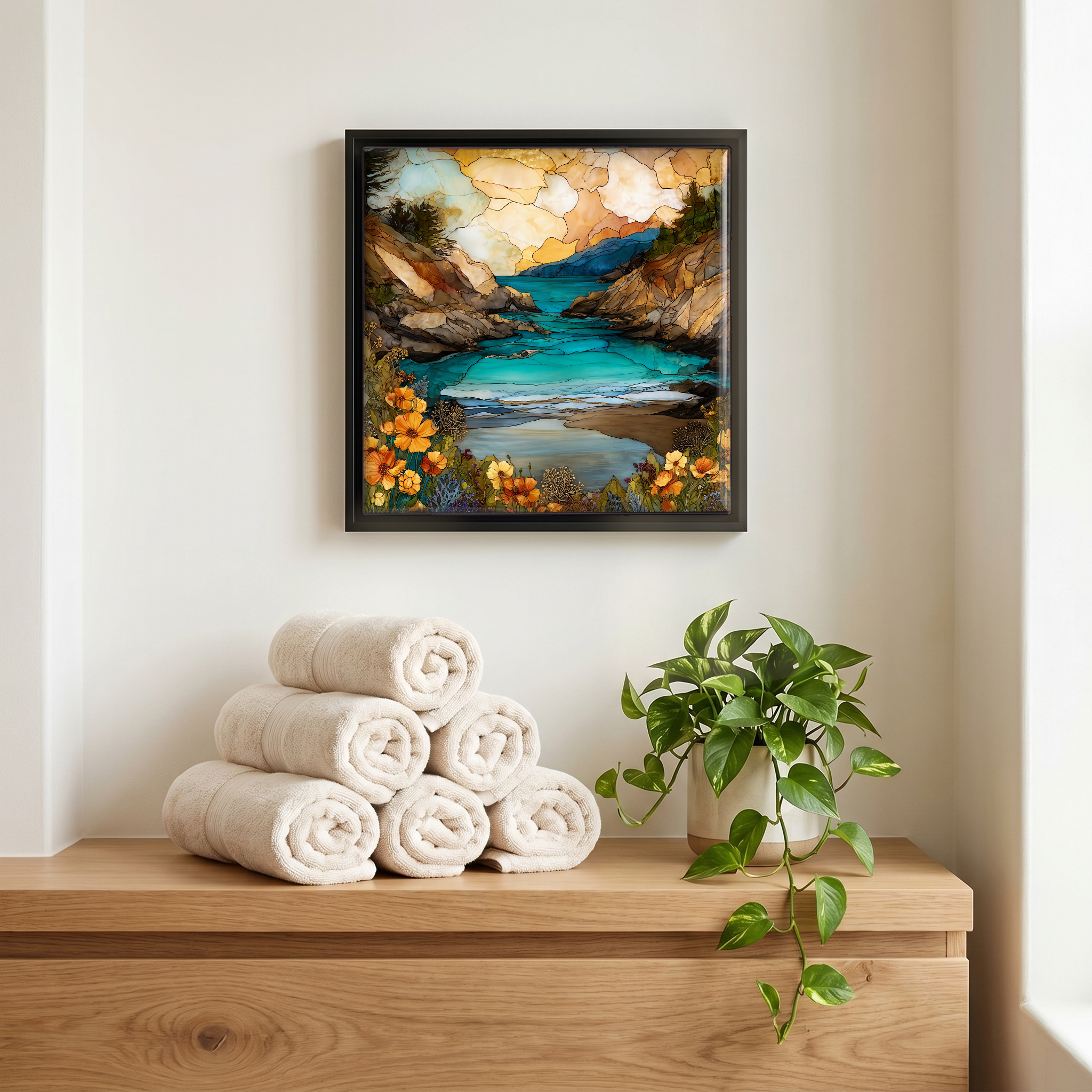 Above the linens, in a slim black surround.