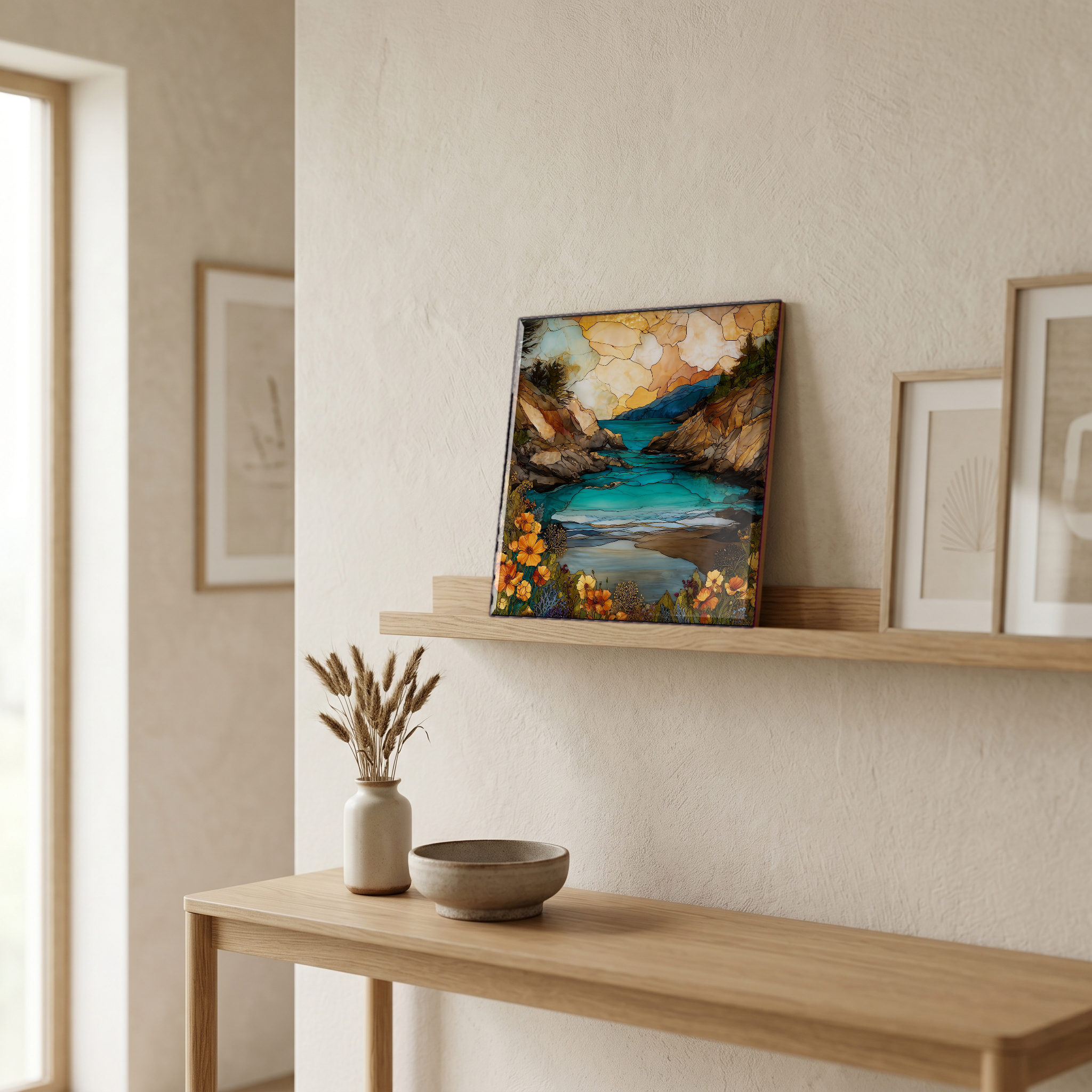 On a picture ledge, where the light comes in.