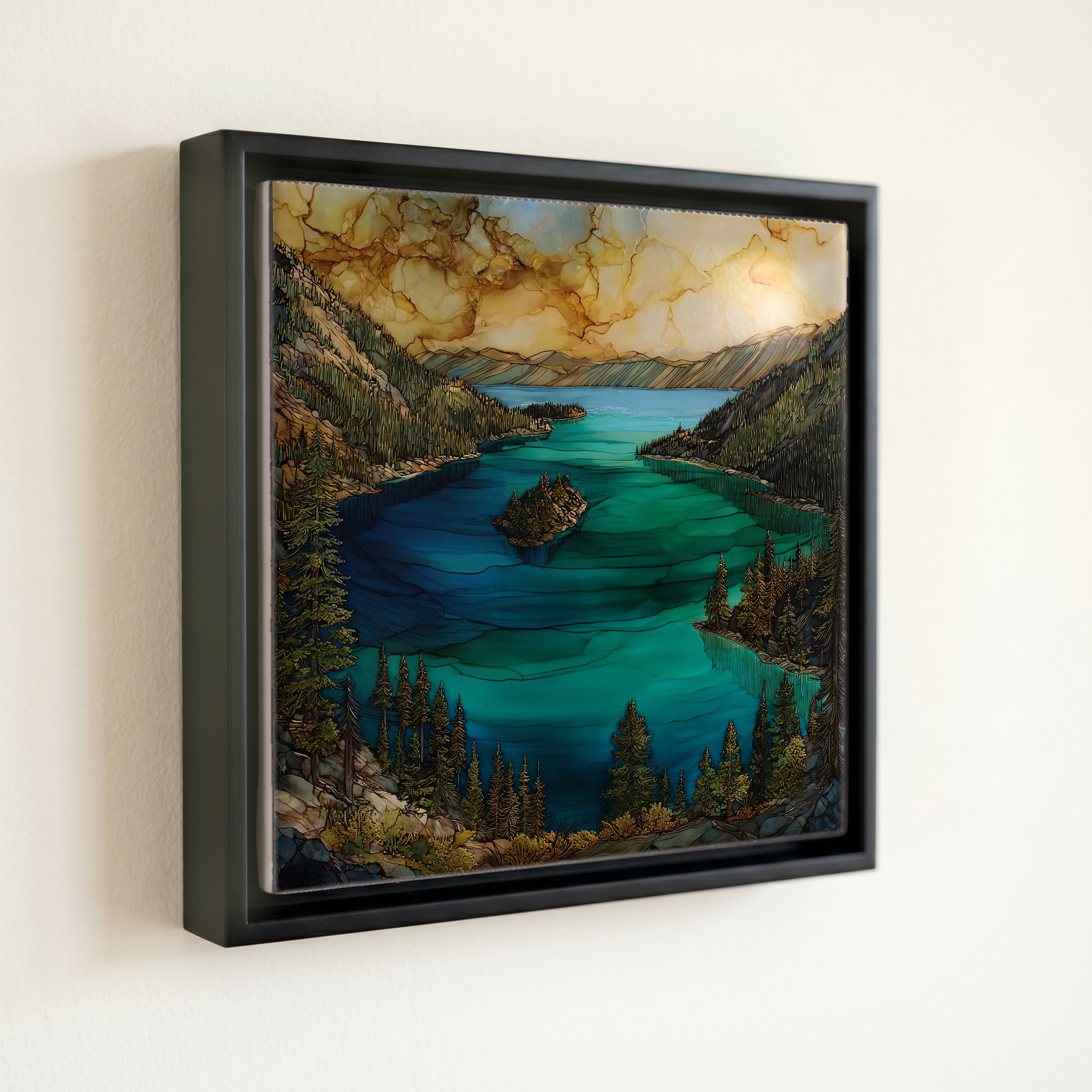 shown in a slim black floating frame · 6 × 6 in