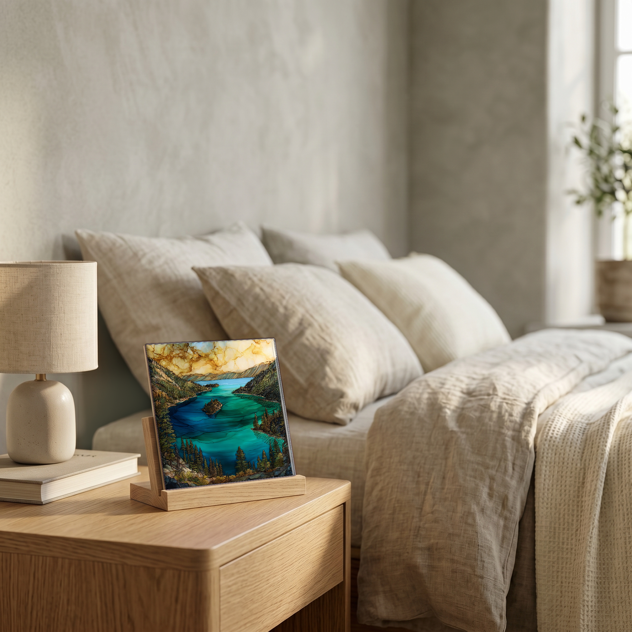On the nightstand, on a light oak stand.