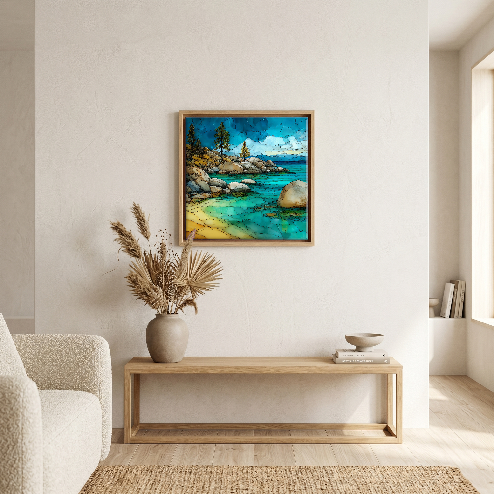 Above the bench, in a warm oak surround.
