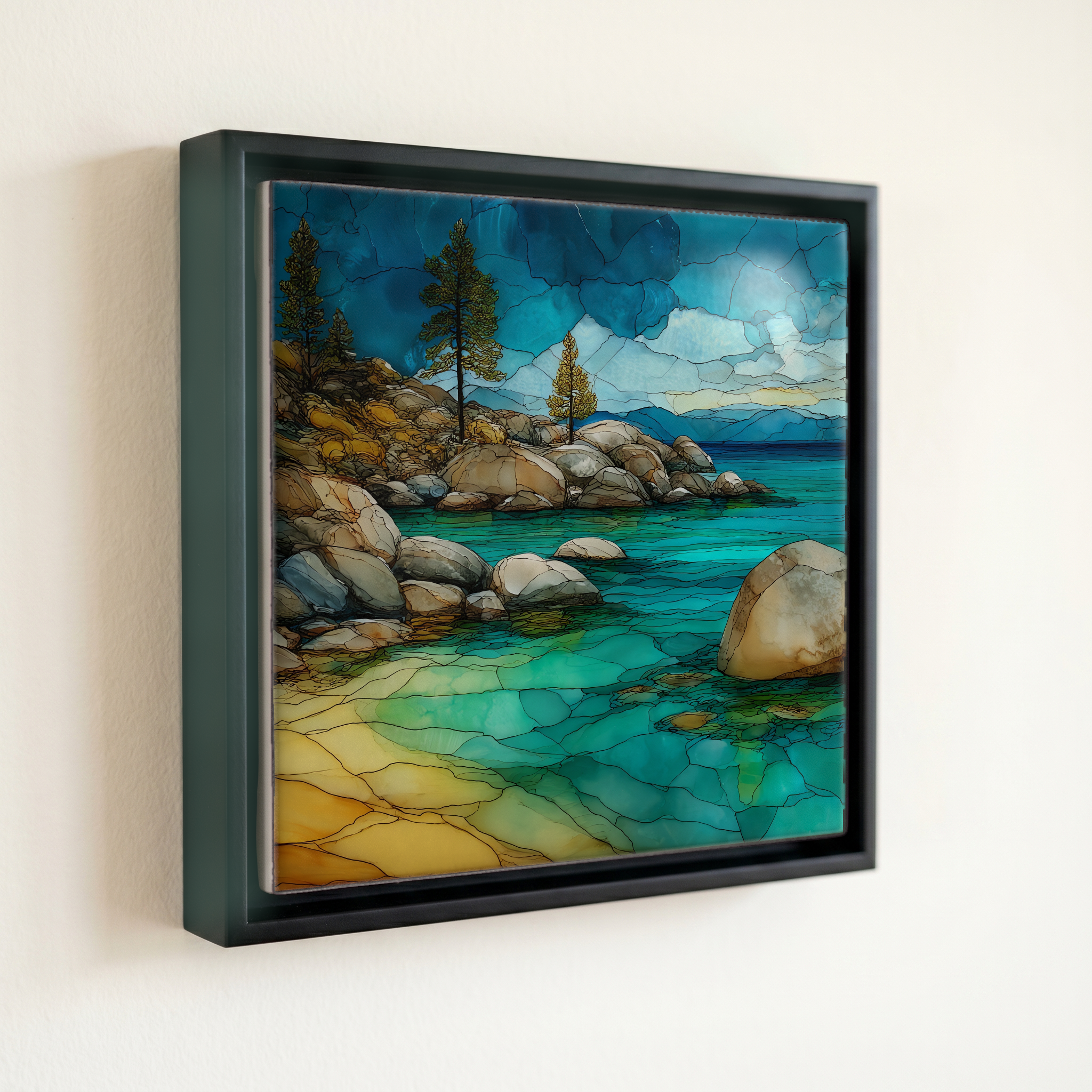 shown in a slim black floating frame · 6 × 6 in