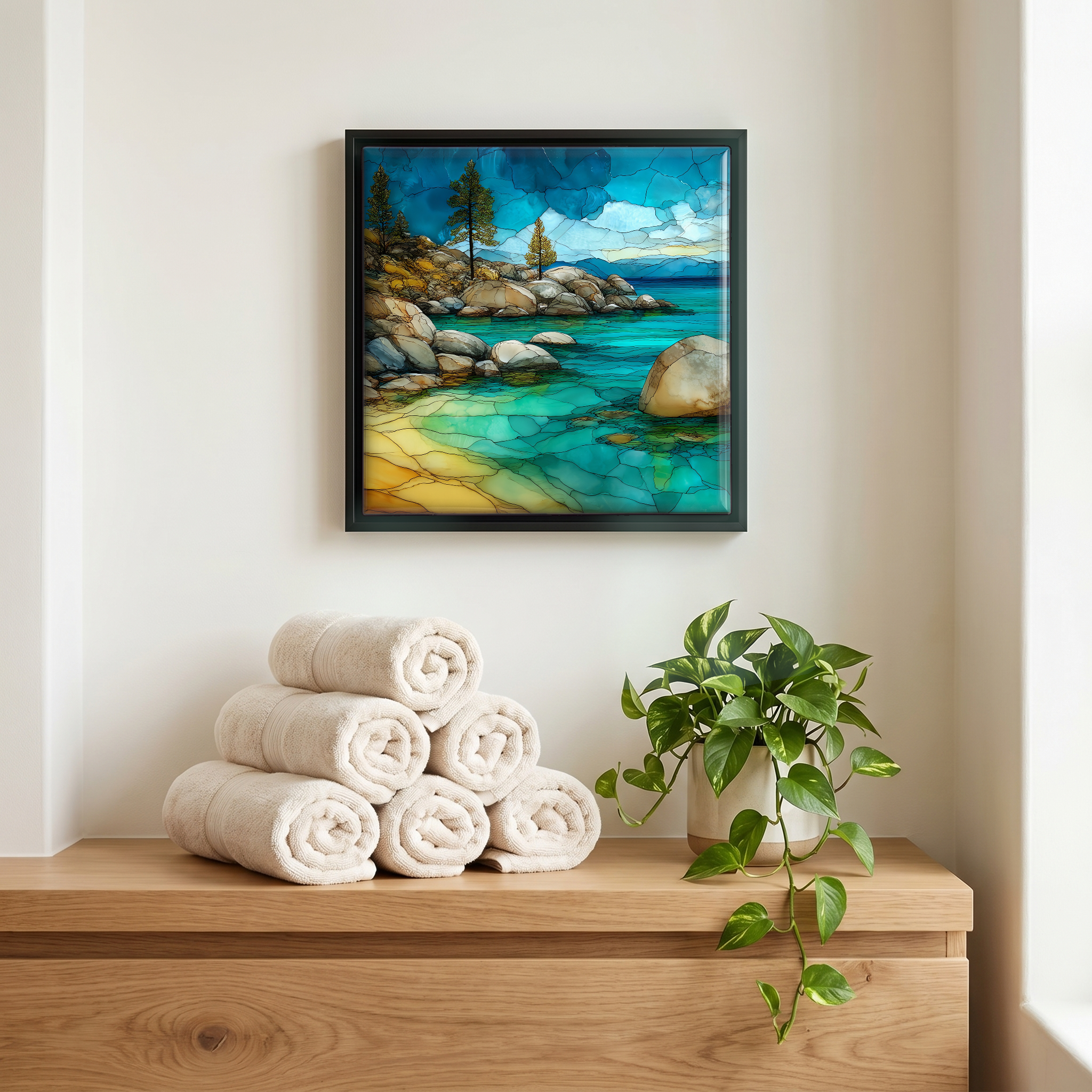 Above the linens, in a slim black surround.