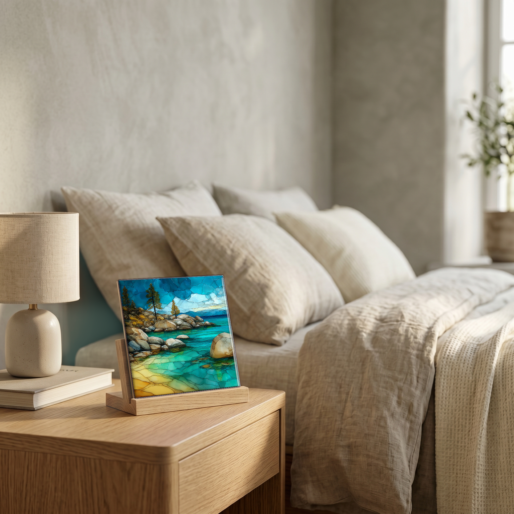 On the nightstand, on a light oak stand.