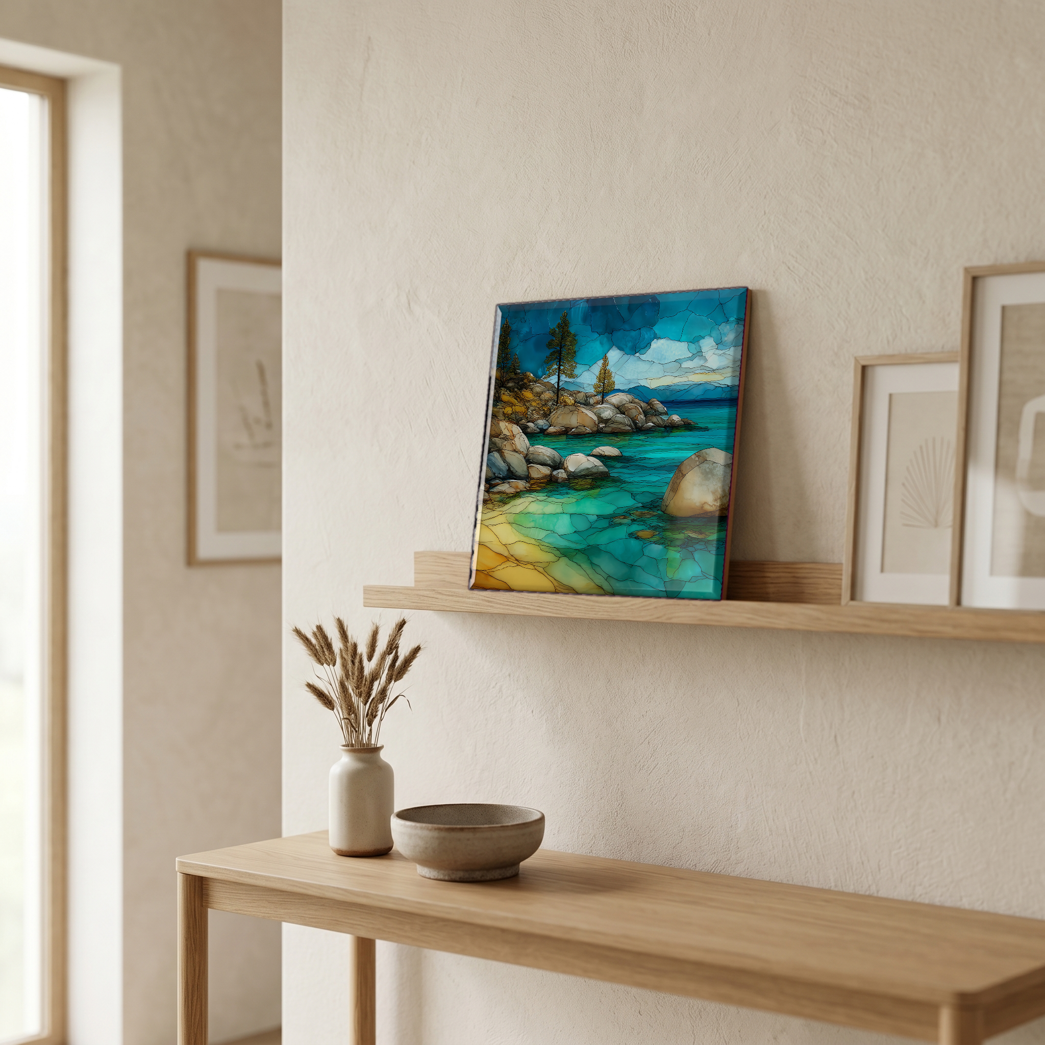 On a picture ledge, where the light comes in.