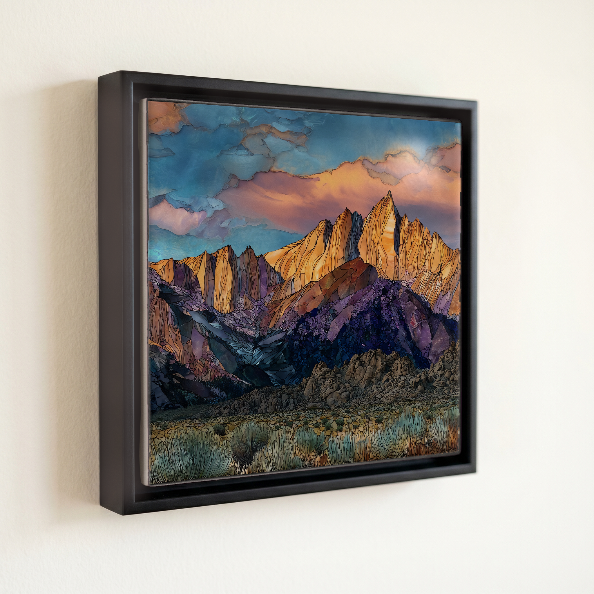 shown in a slim black floating frame · 6 × 6 in