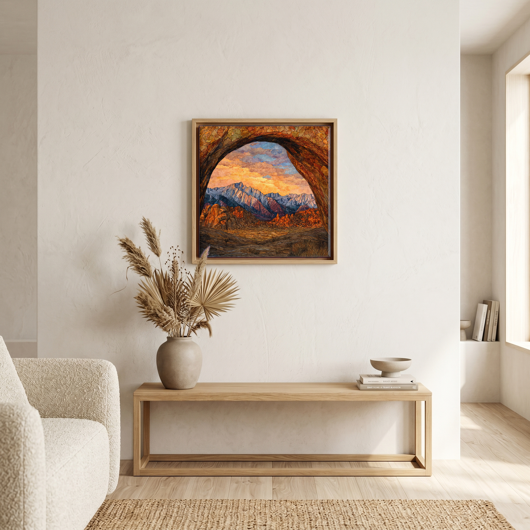 Above the bench, in a warm oak surround.