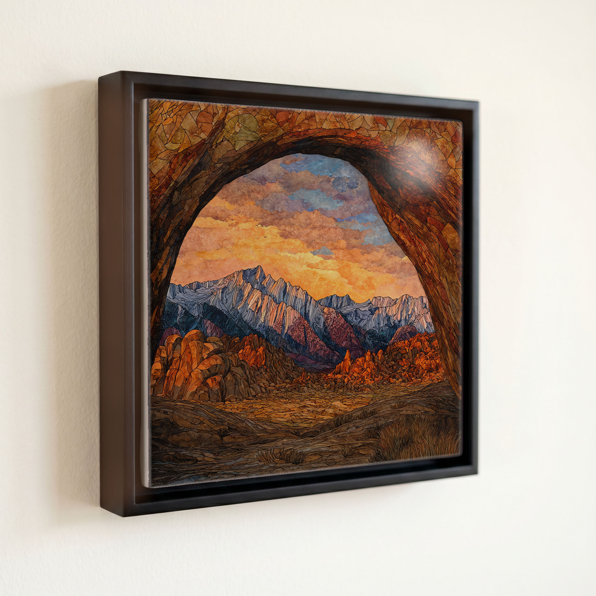 shown in a slim black floating frame · 6 × 6 in