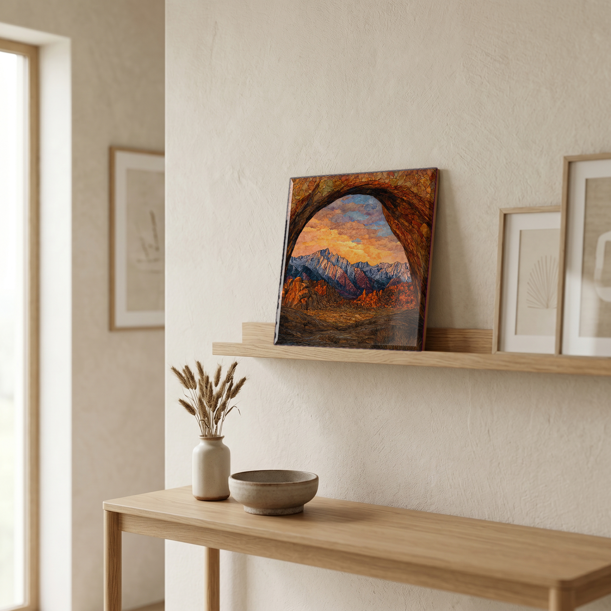 On a picture ledge, where the light comes in.