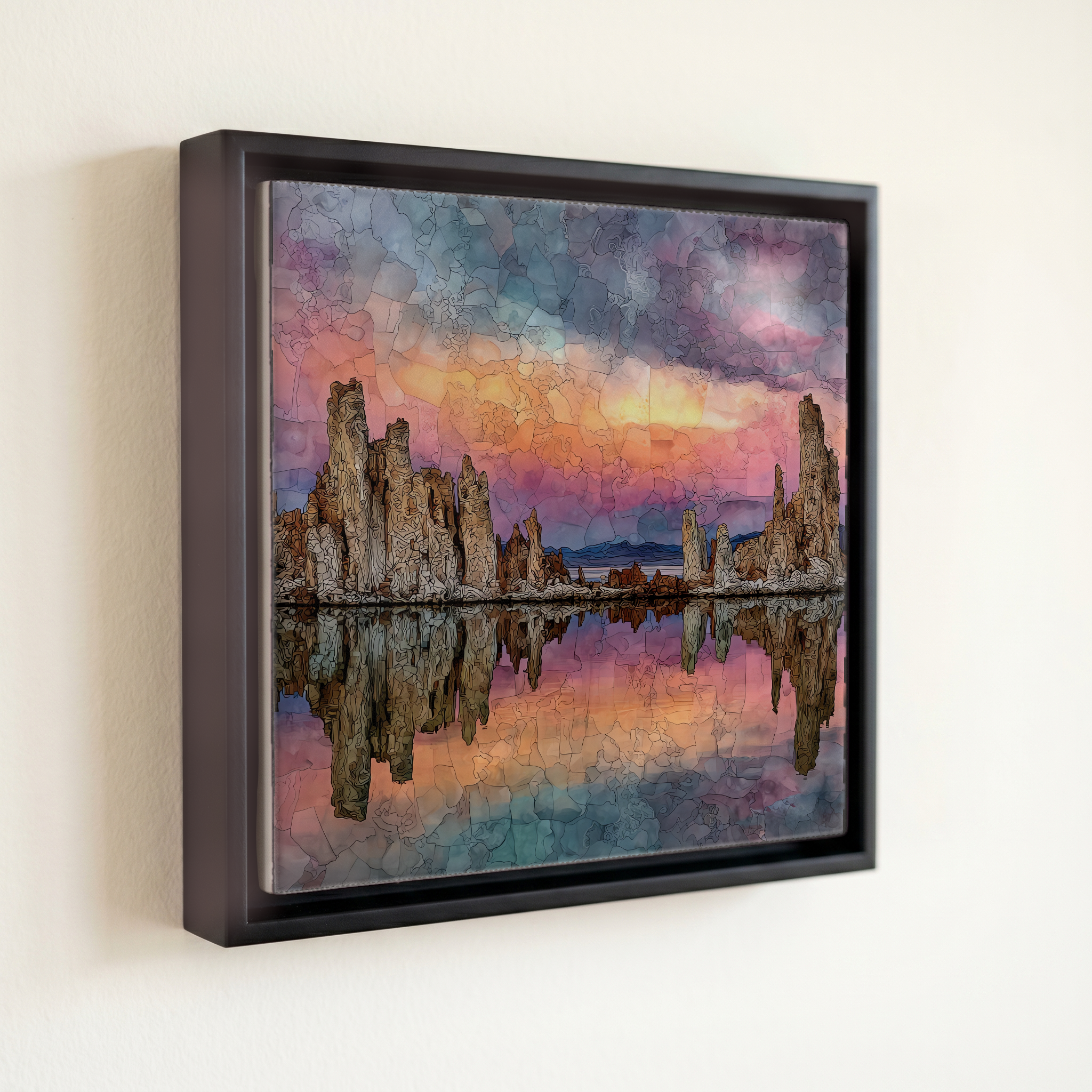 shown in a slim black floating frame · 6 × 6 in