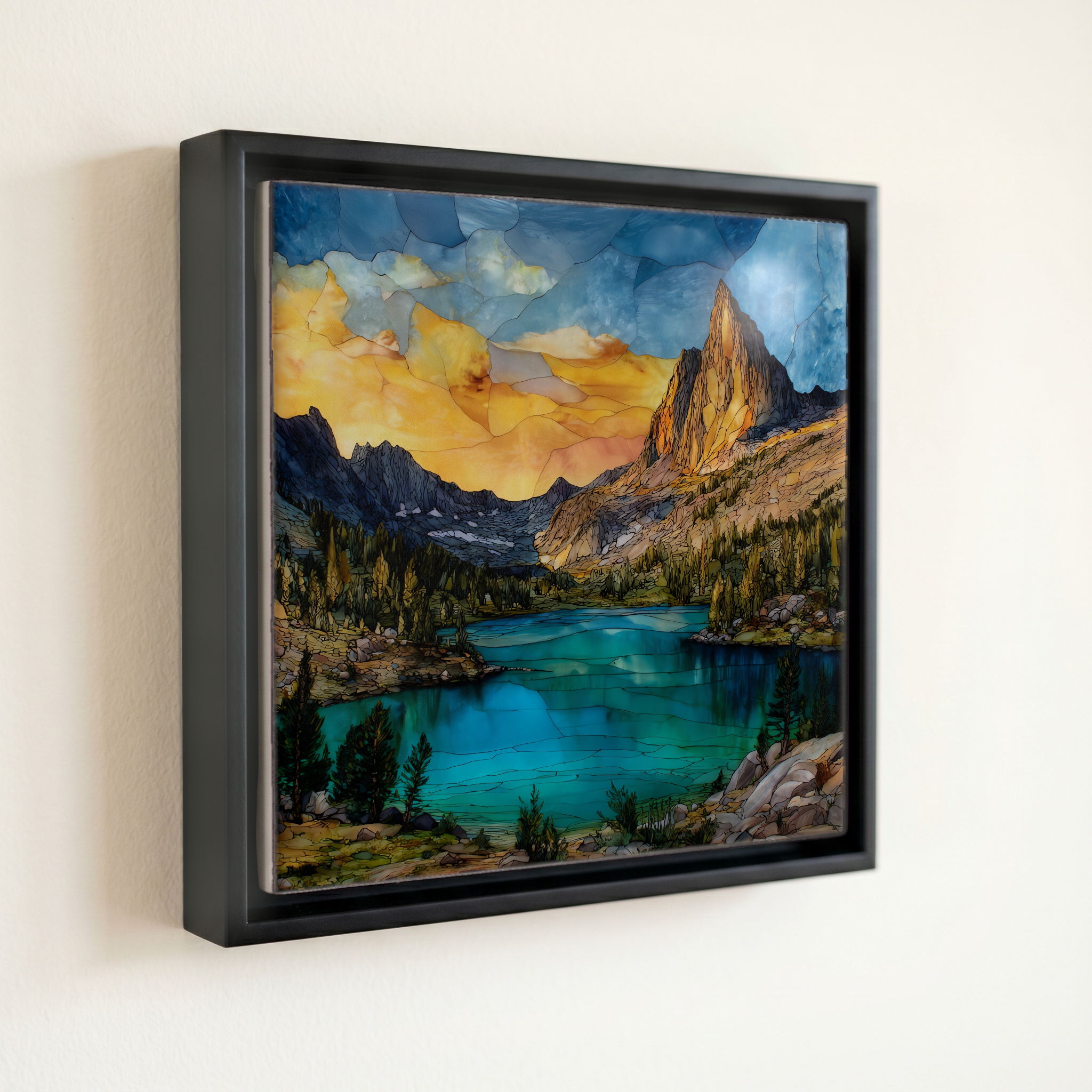 shown in a slim black floating frame · 6 × 6 in