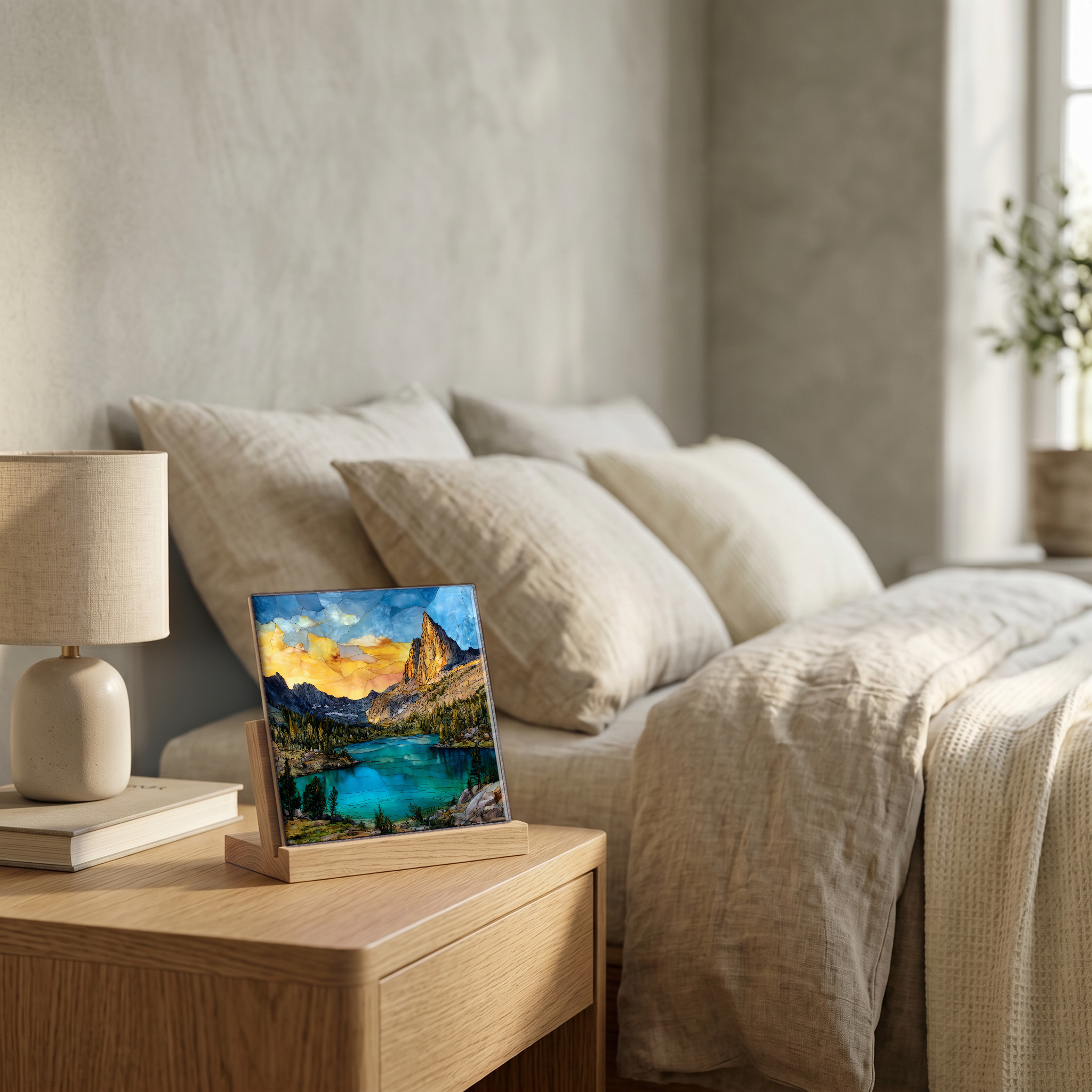 On the nightstand, on a light oak stand.