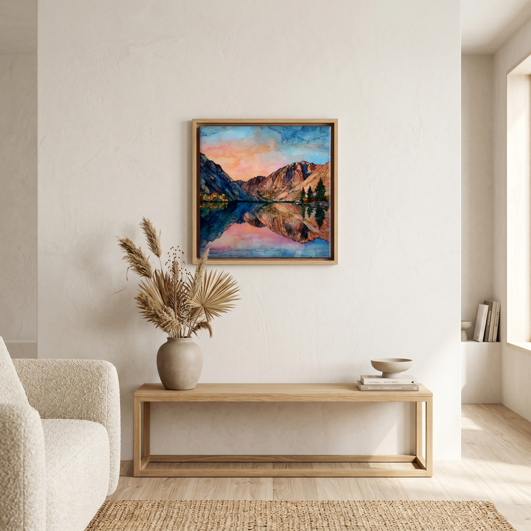 Above the bench, in a warm oak surround.