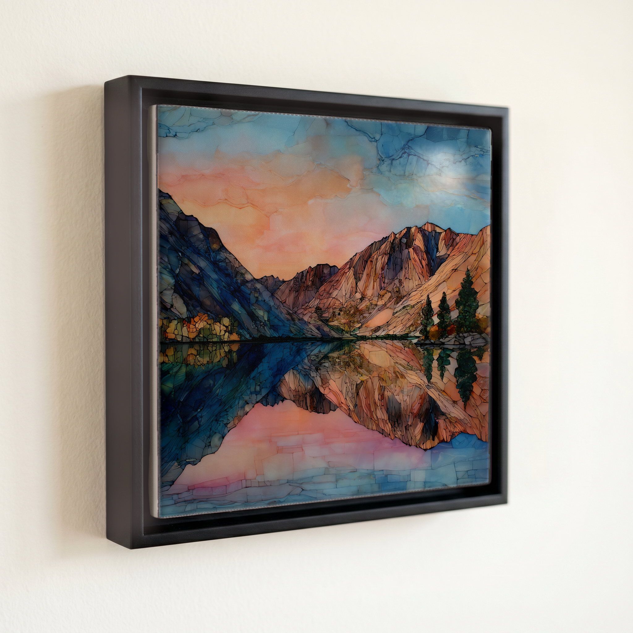 shown in a slim black floating frame · 6 × 6 in