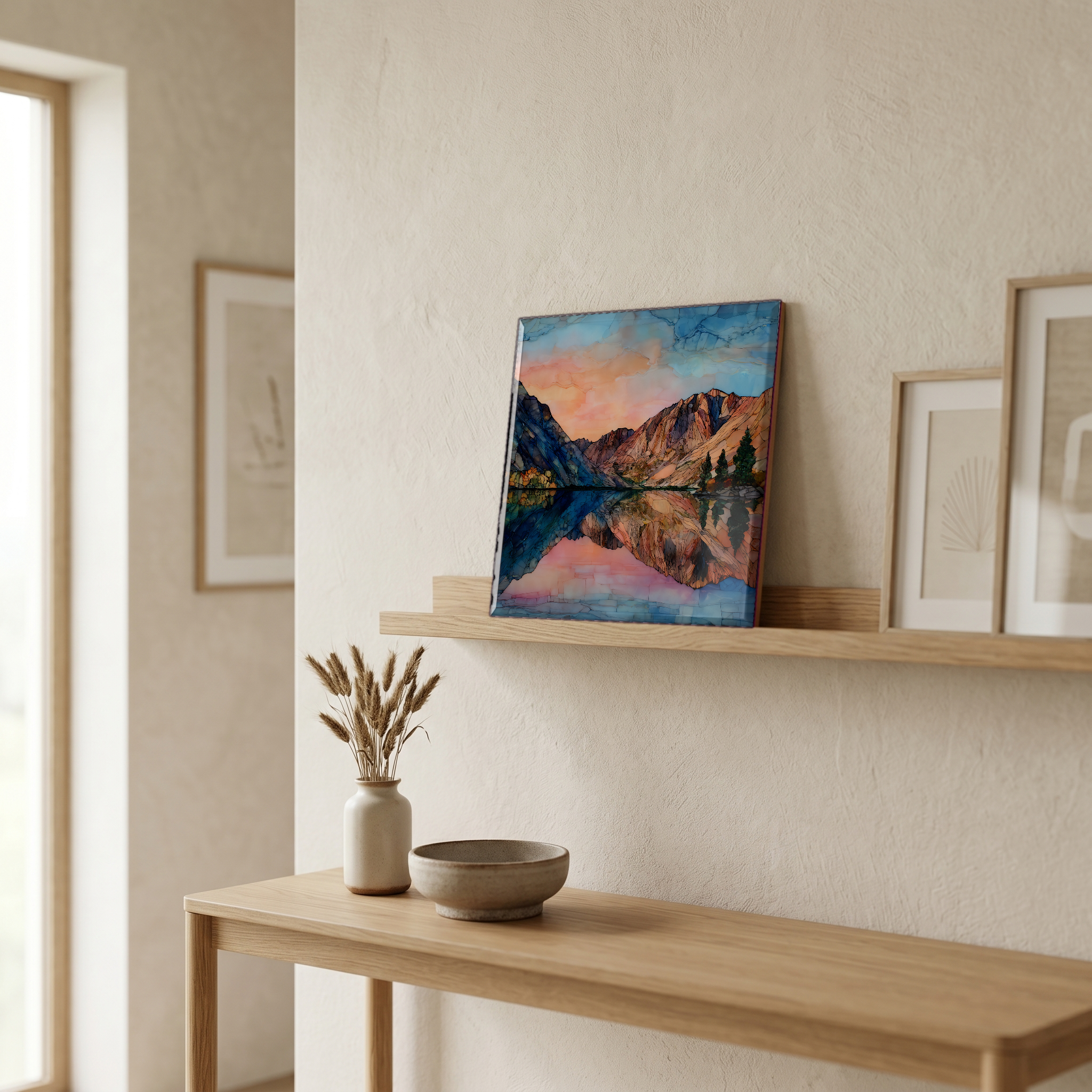 On a picture ledge, where the light comes in.