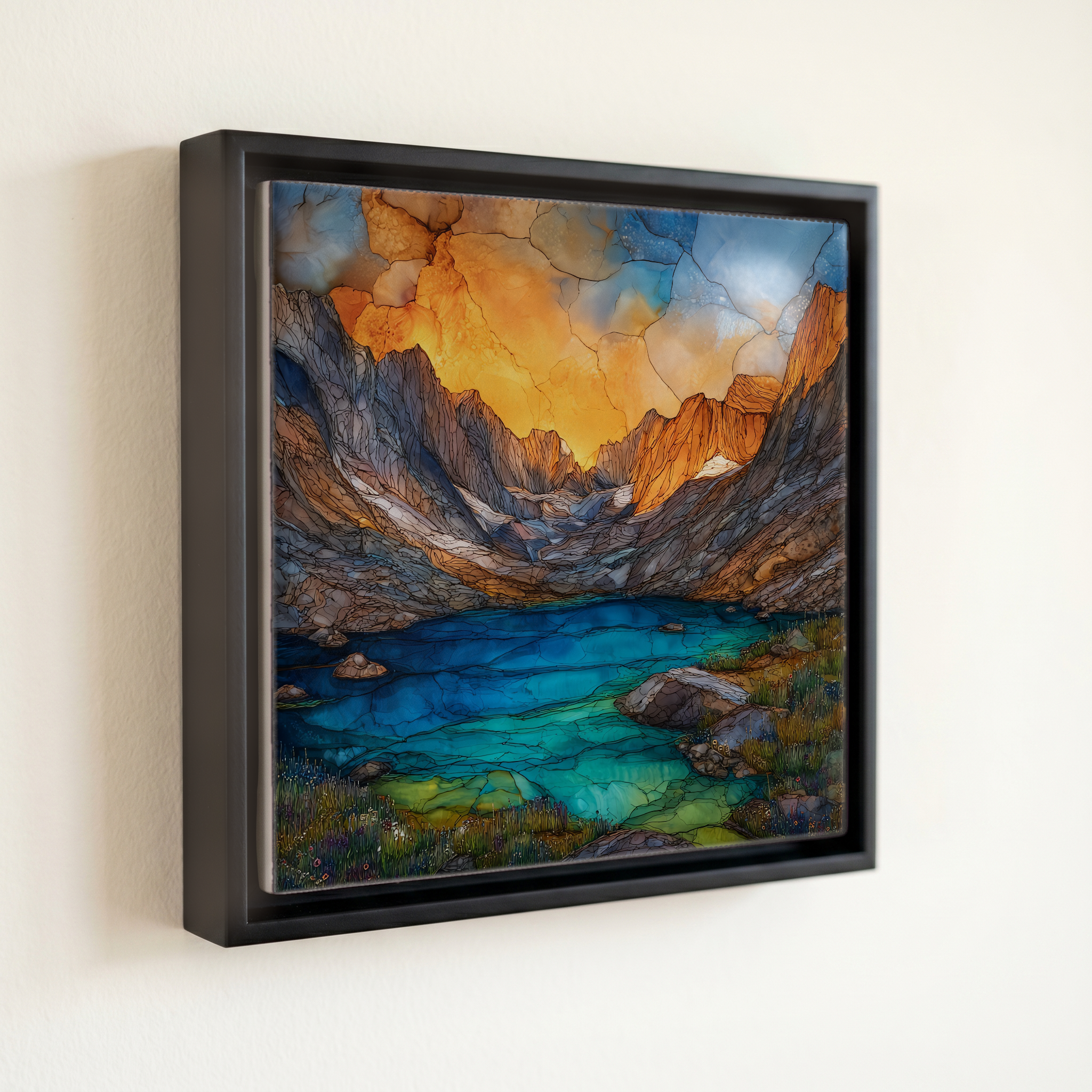shown in a slim black floating frame · 6 × 6 in
