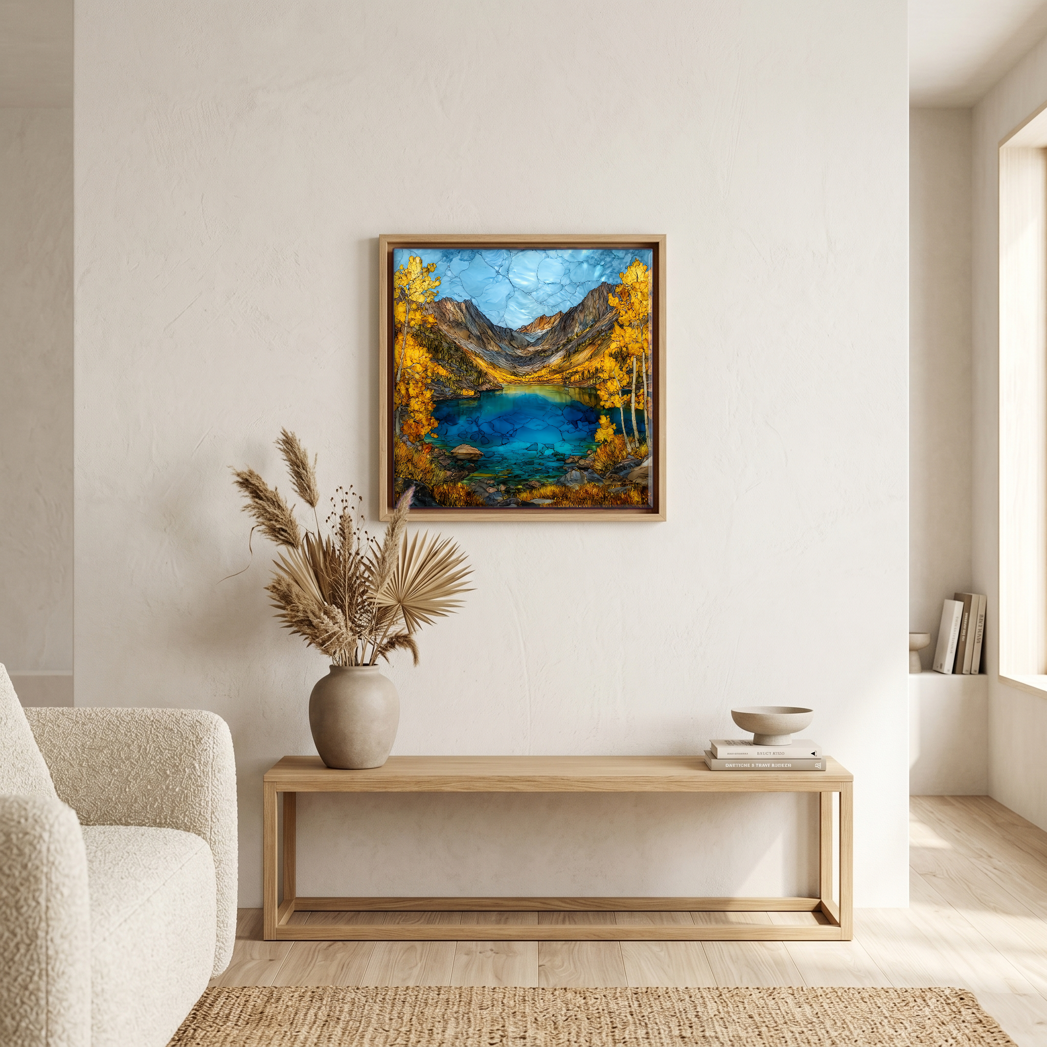 Above the bench, in a warm oak surround.