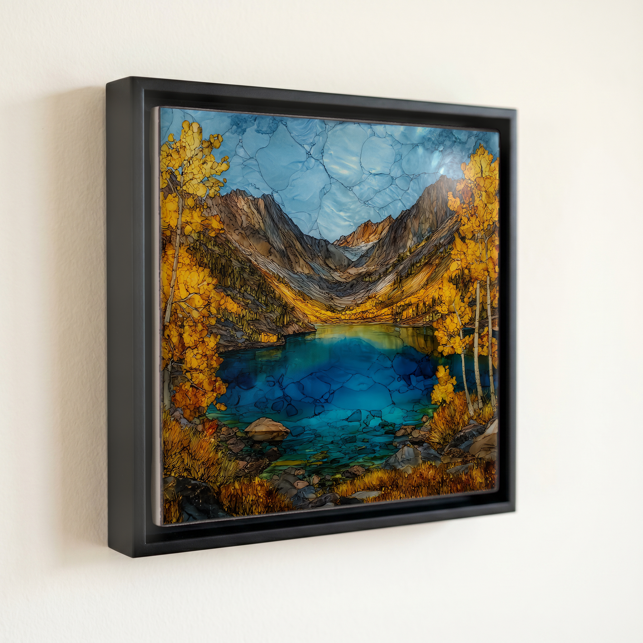shown in a slim black floating frame · 6 × 6 in