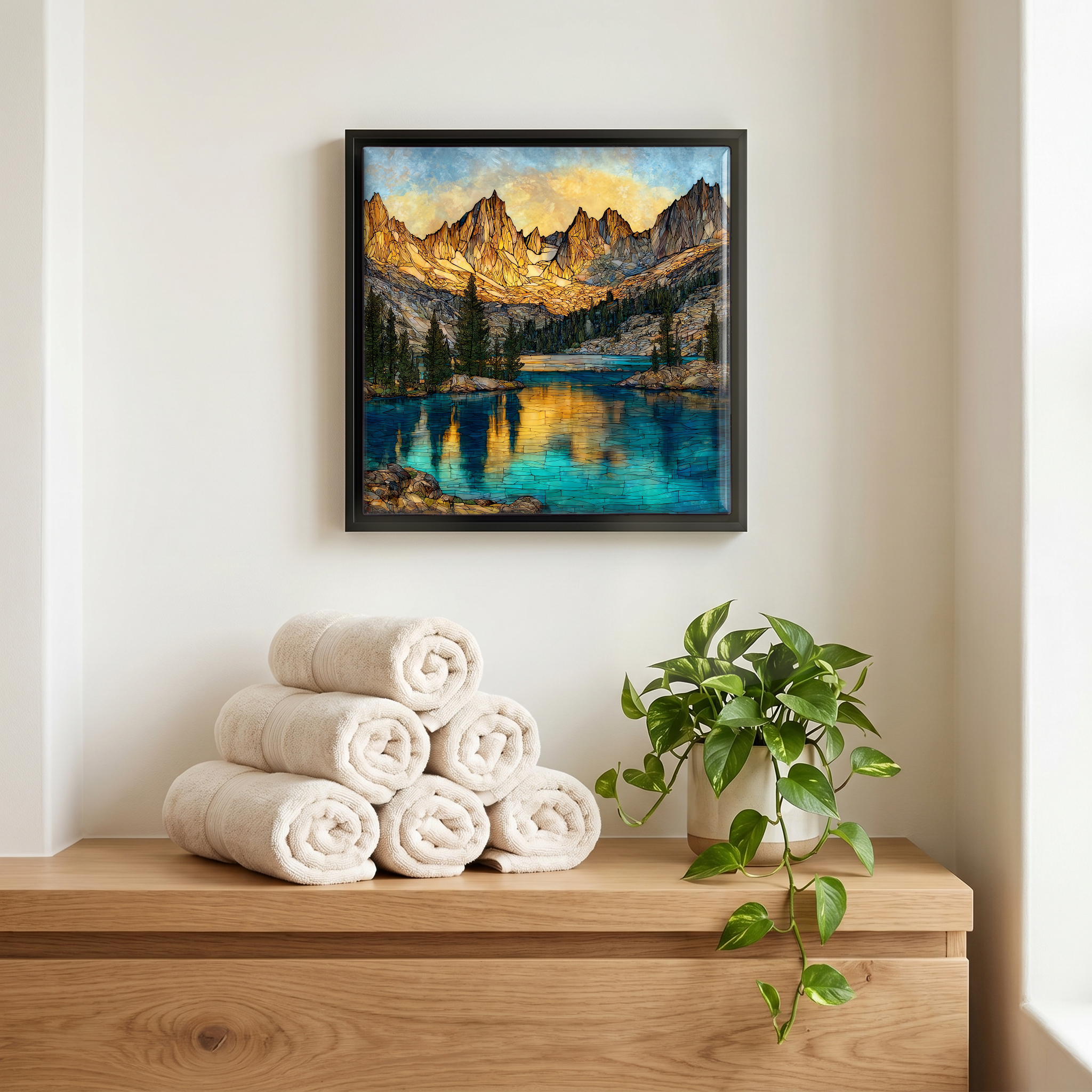 Above the linens, in a slim black surround.