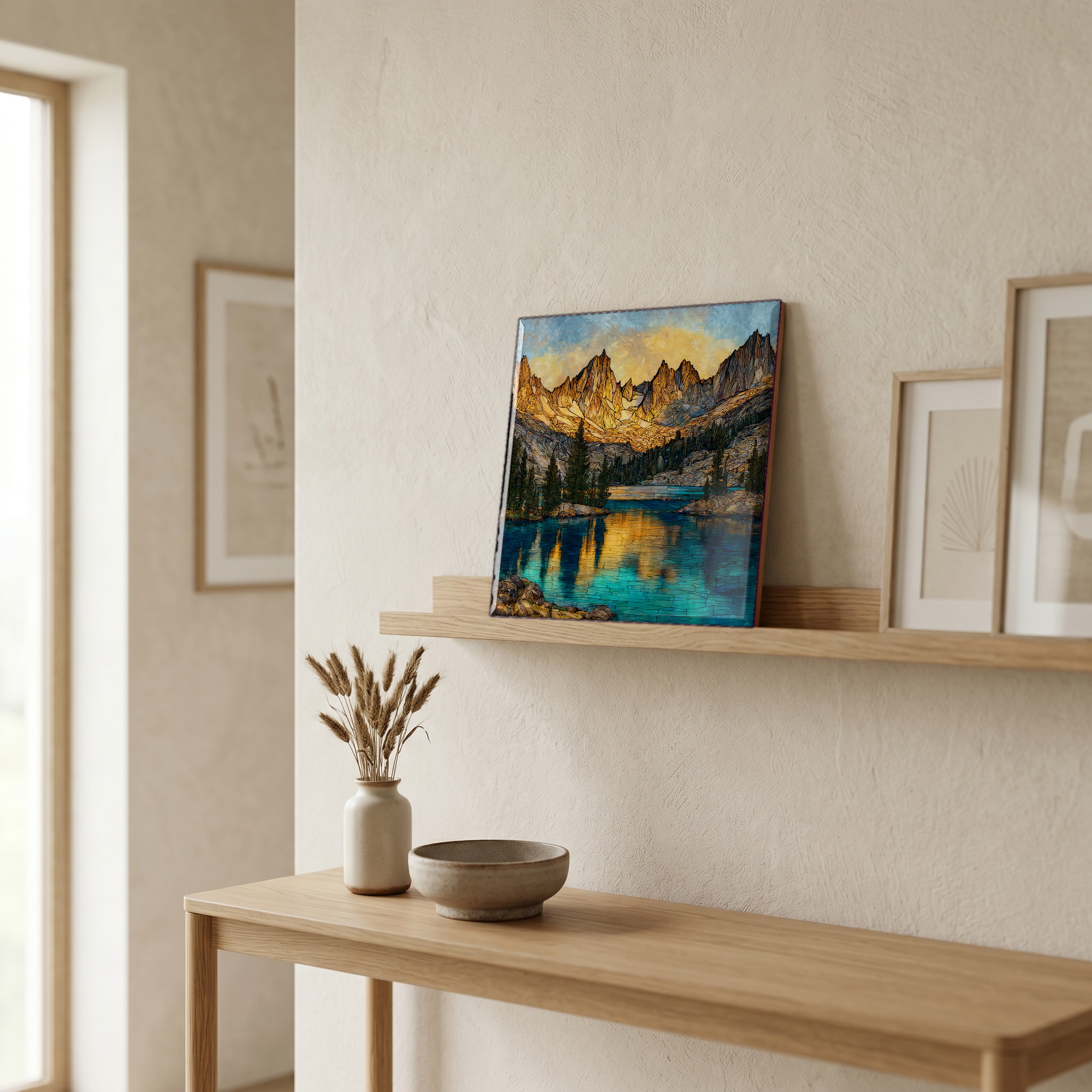 On a picture ledge, where the light comes in.