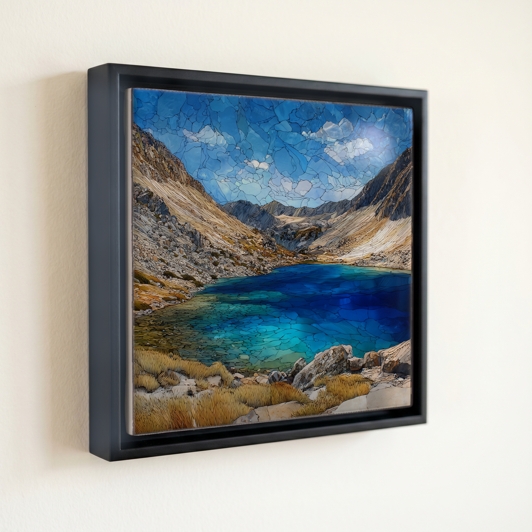 shown in a slim black floating frame · 6 × 6 in