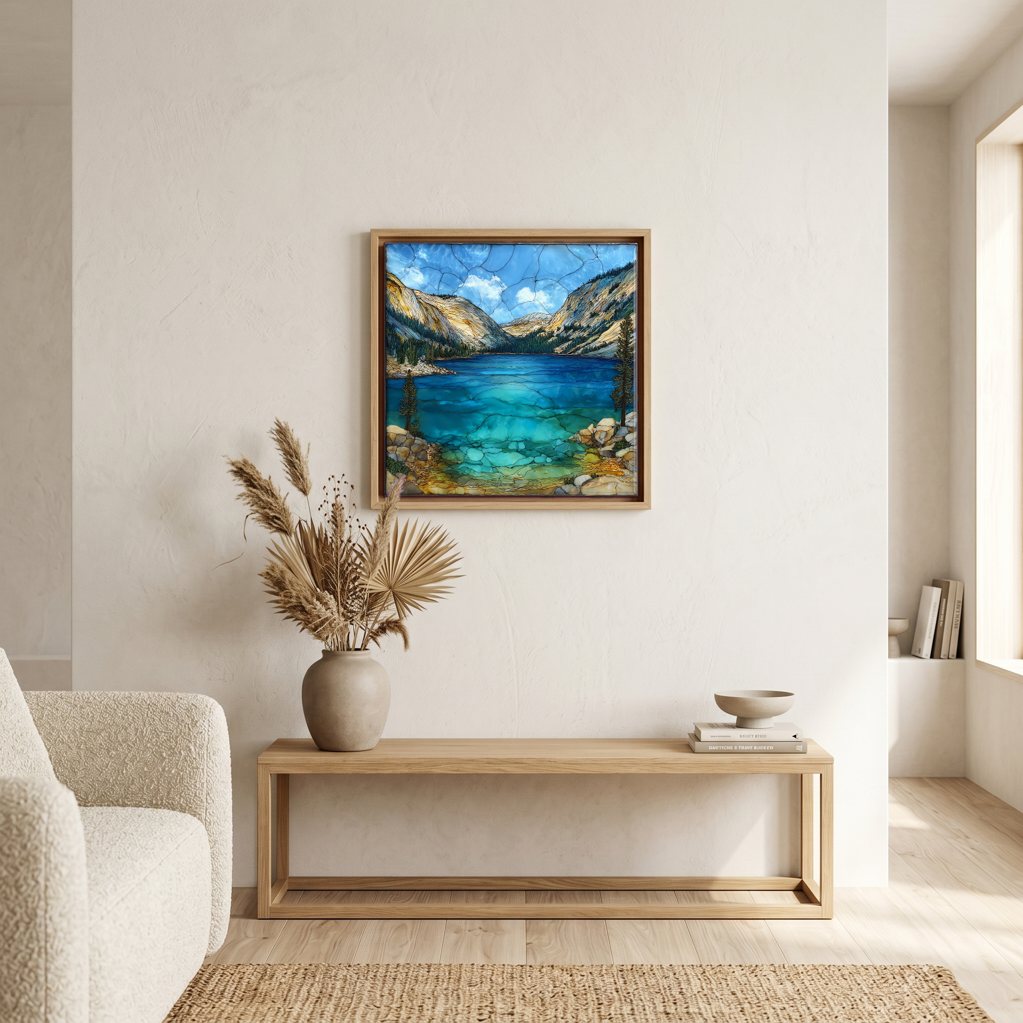 Above the bench, in a warm oak surround.