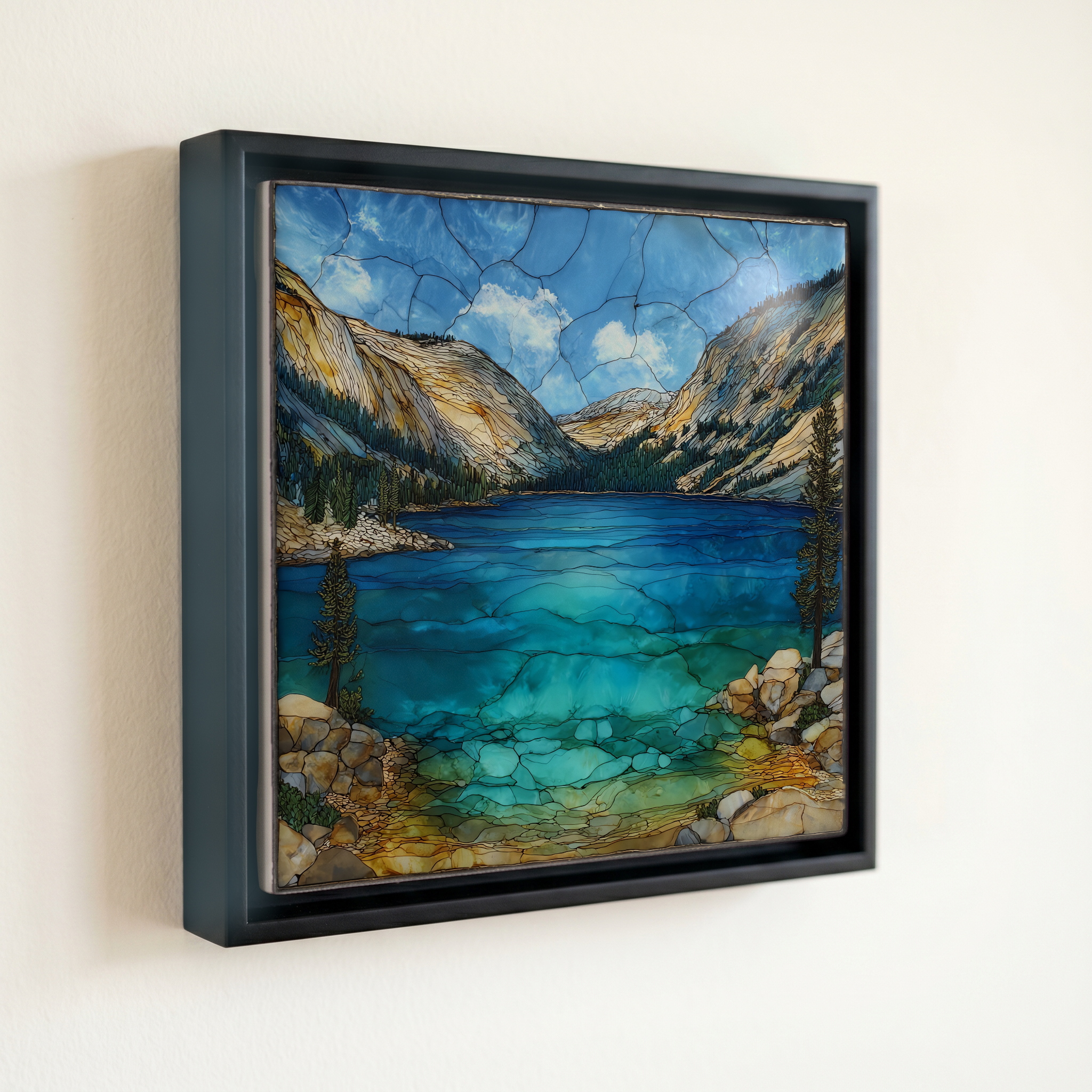 shown in a slim black floating frame · 6 × 6 in