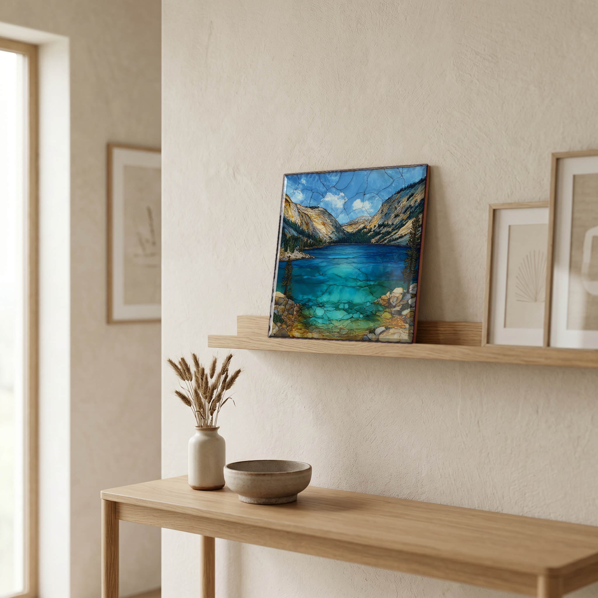 On a picture ledge, where the light comes in.