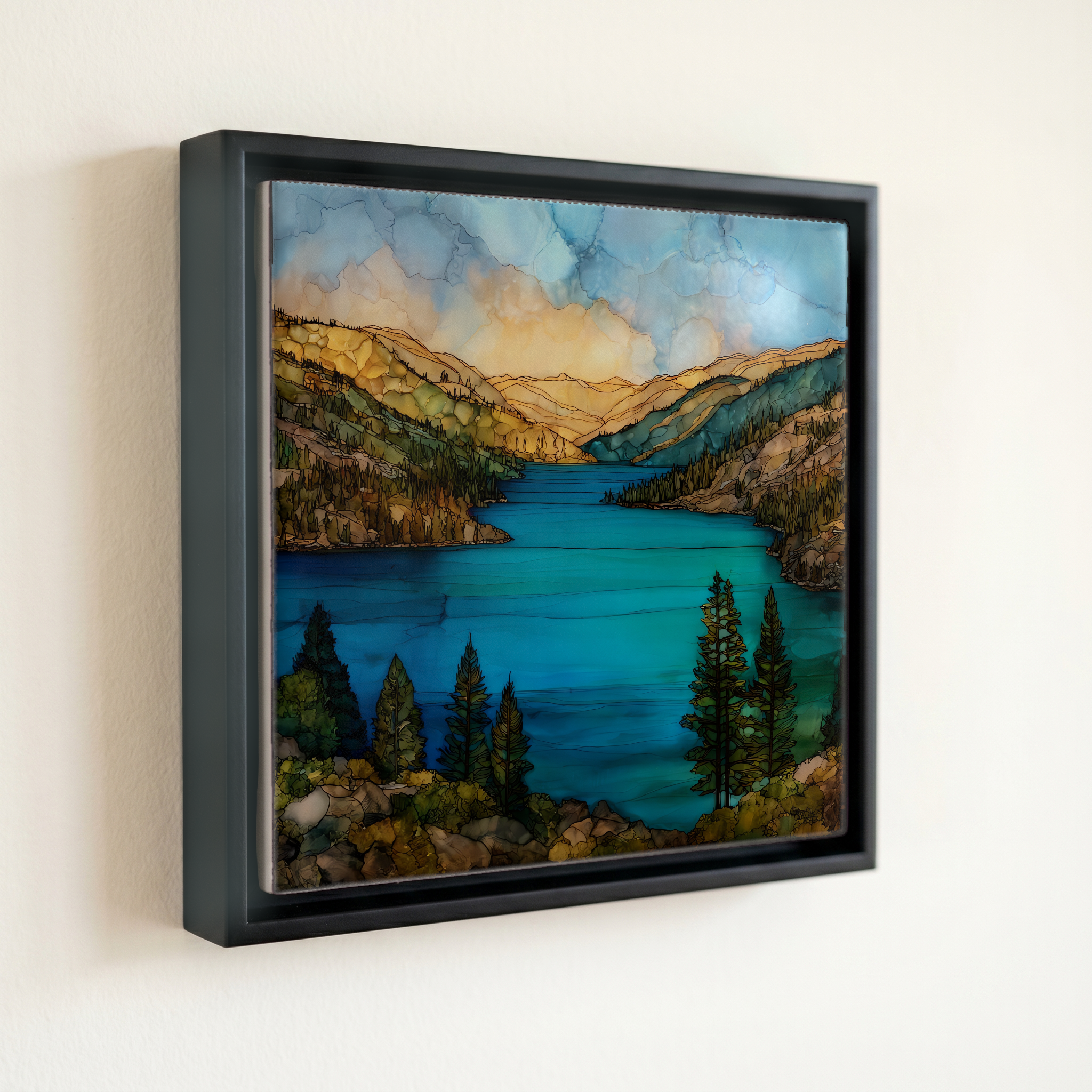 shown in a slim black floating frame · 6 × 6 in