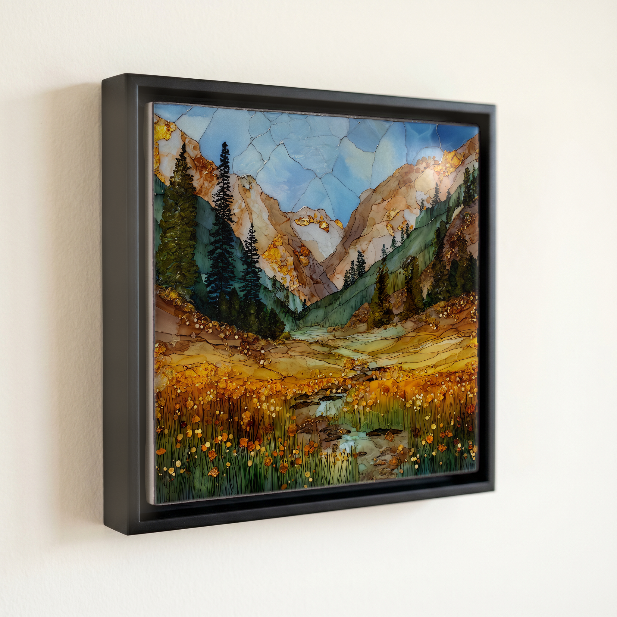 shown in a slim black floating frame · 6 × 6 in