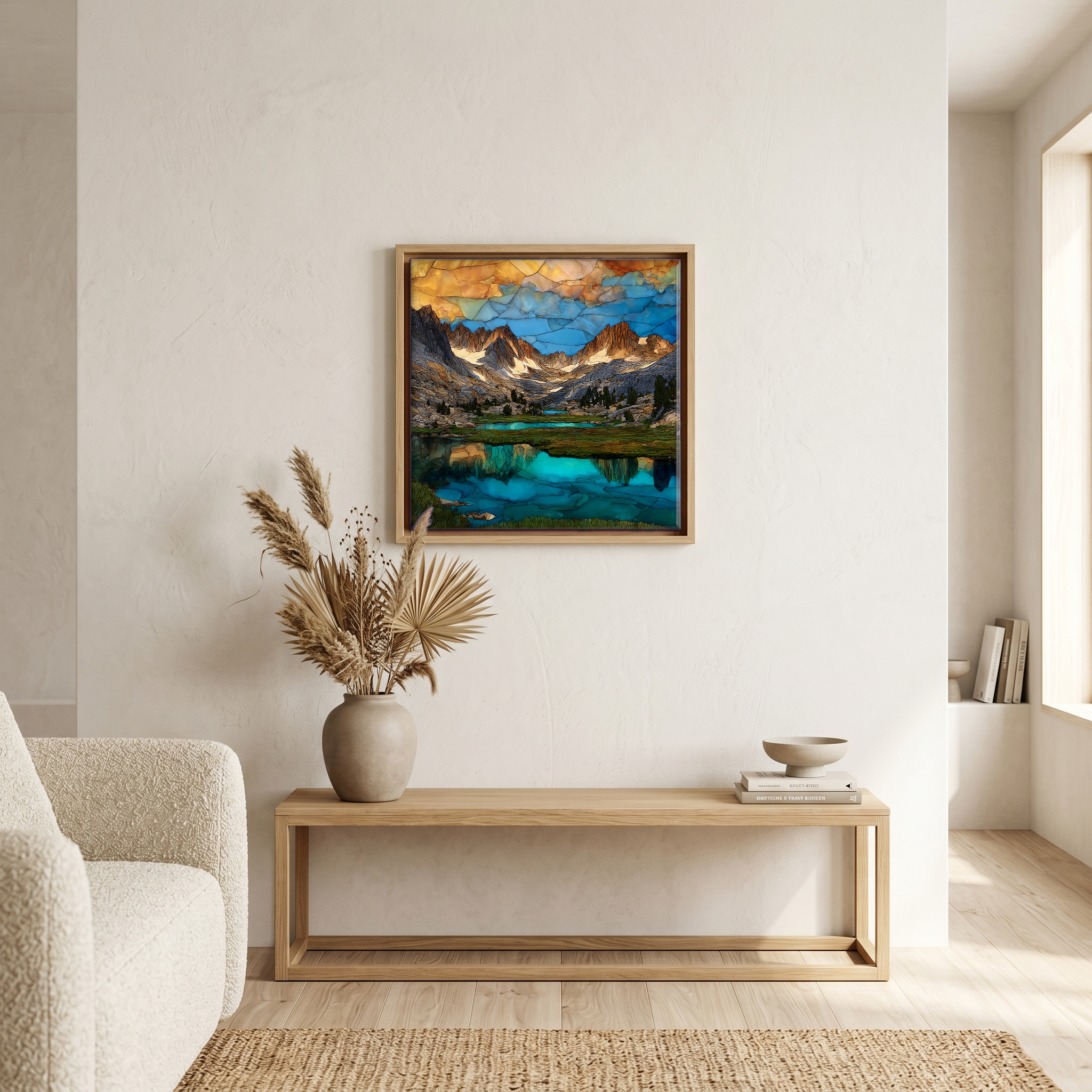 Above the bench, in a warm oak surround.