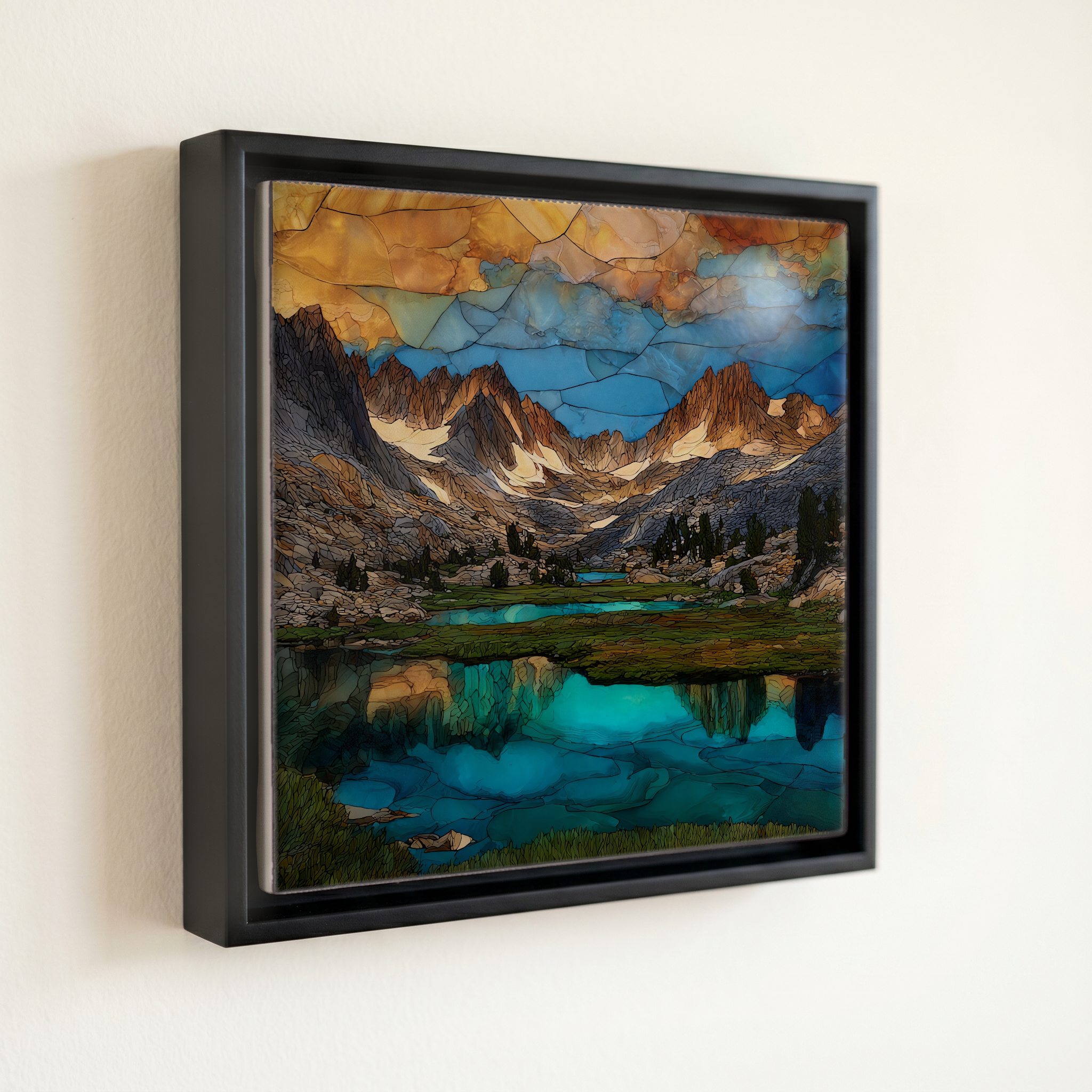 shown in a slim black floating frame · 6 × 6 in