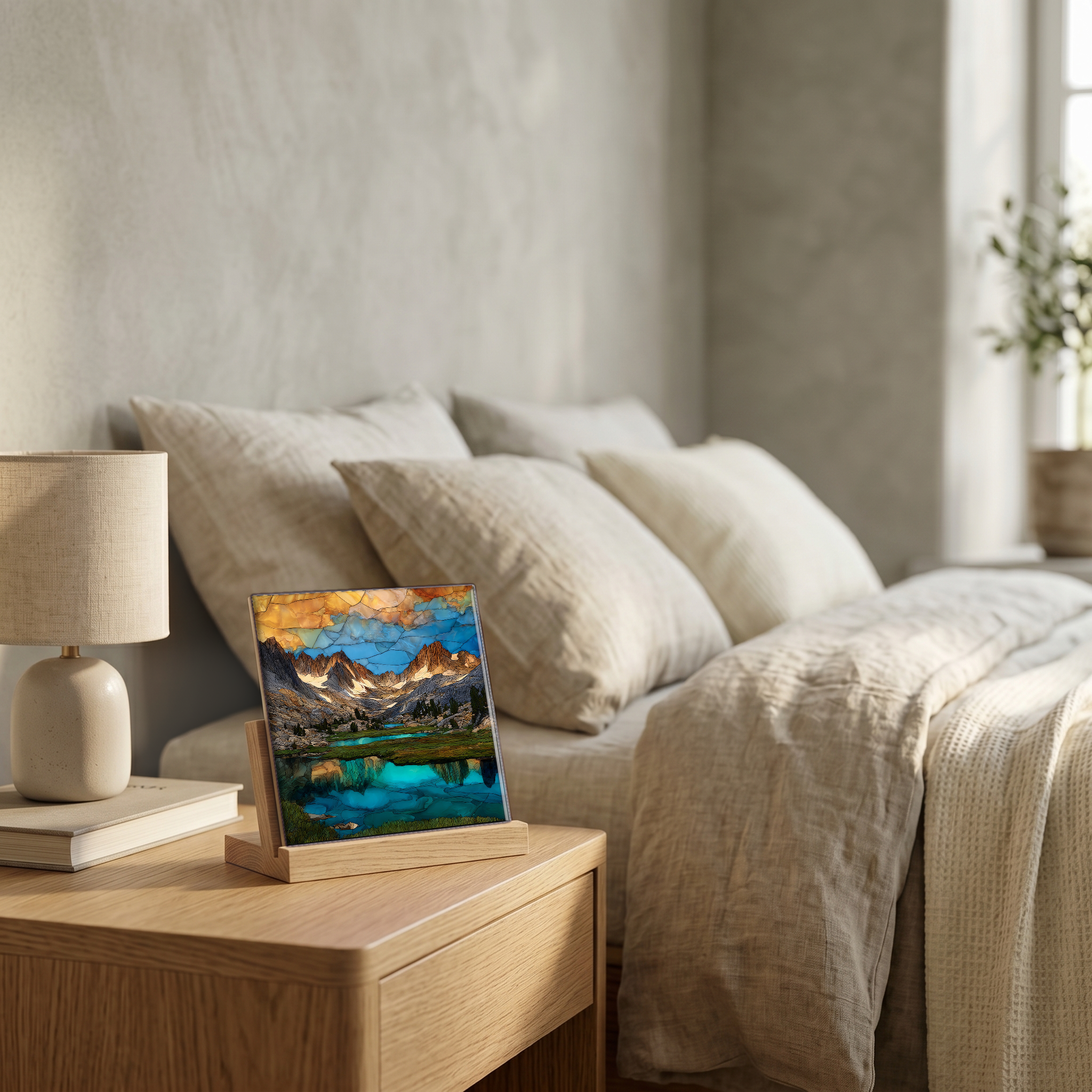 On the nightstand, on a light oak stand.
