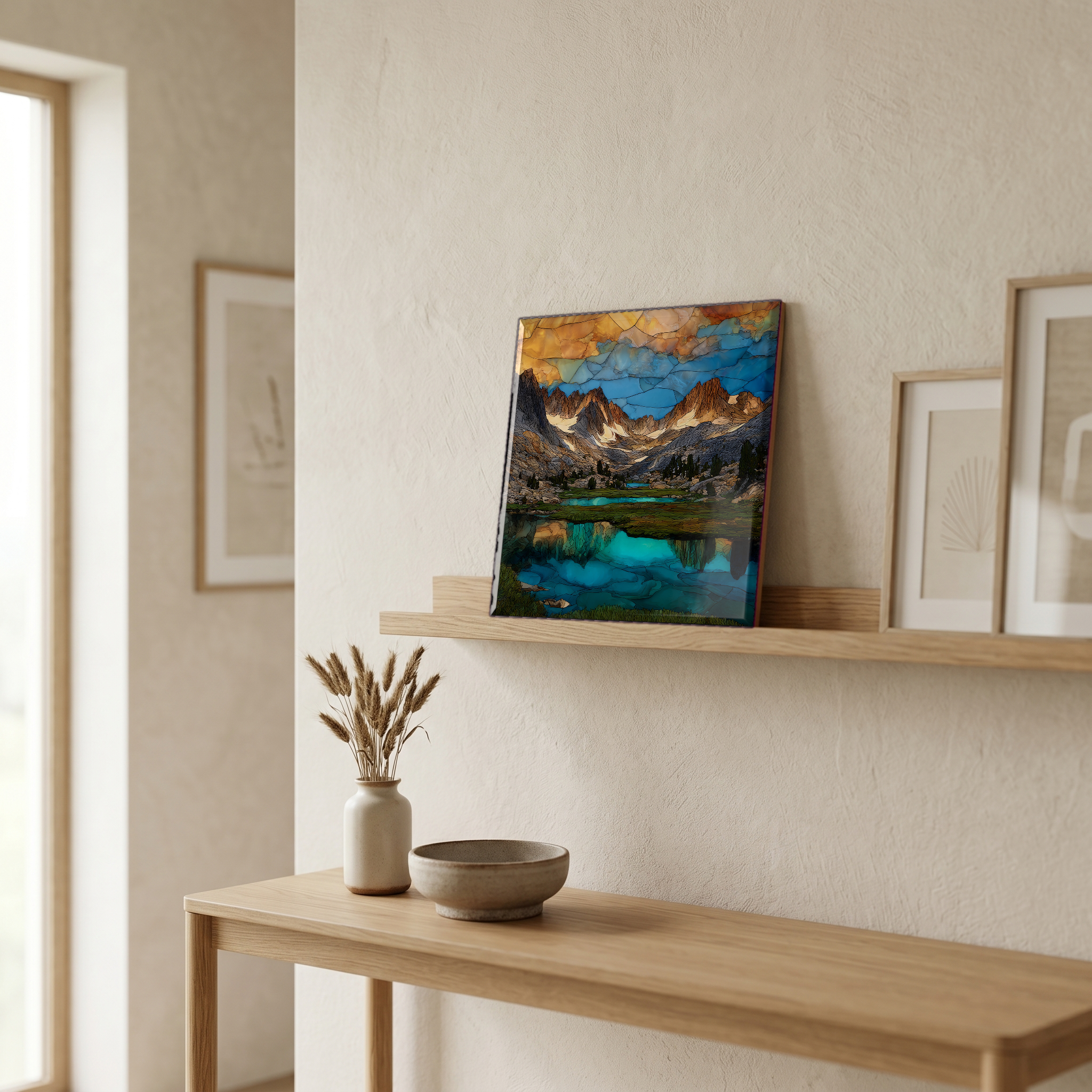 On a picture ledge, where the light comes in.