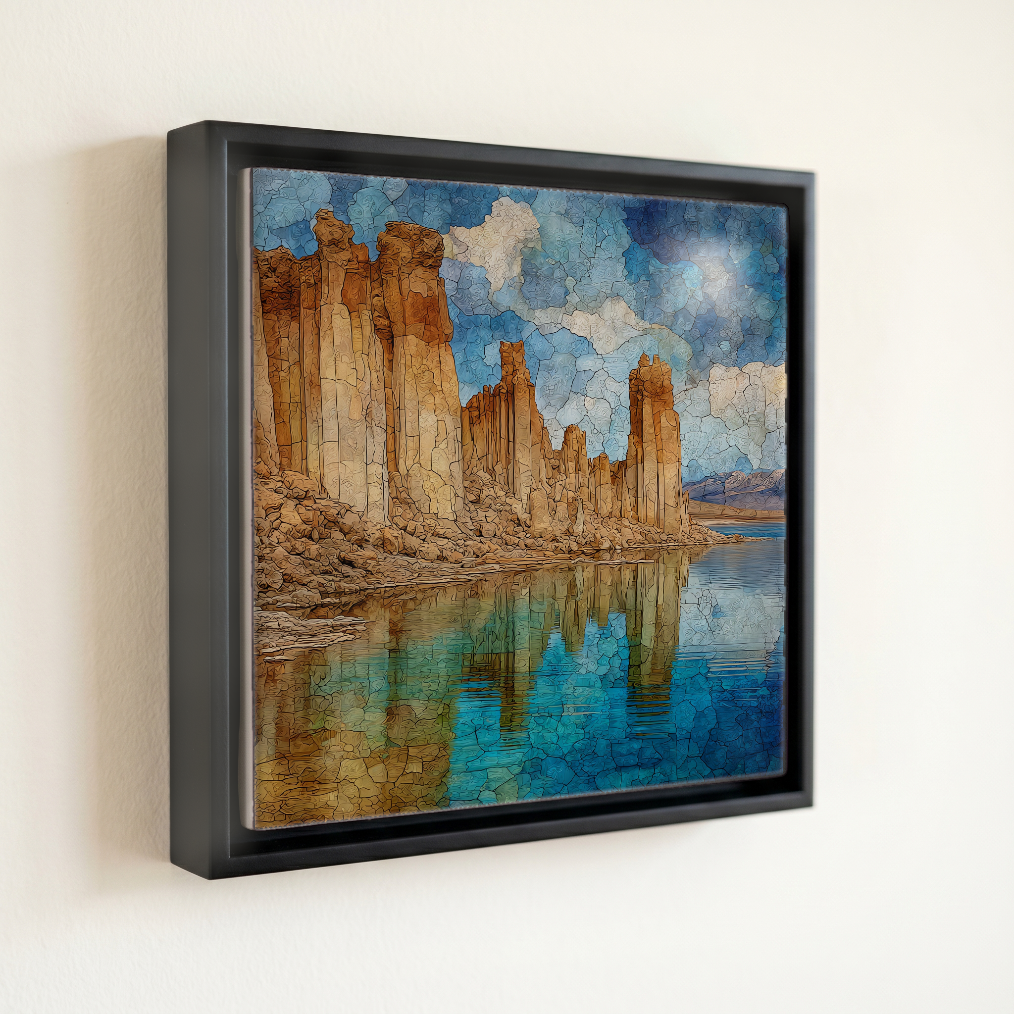 shown in a slim black floating frame · 6 × 6 in