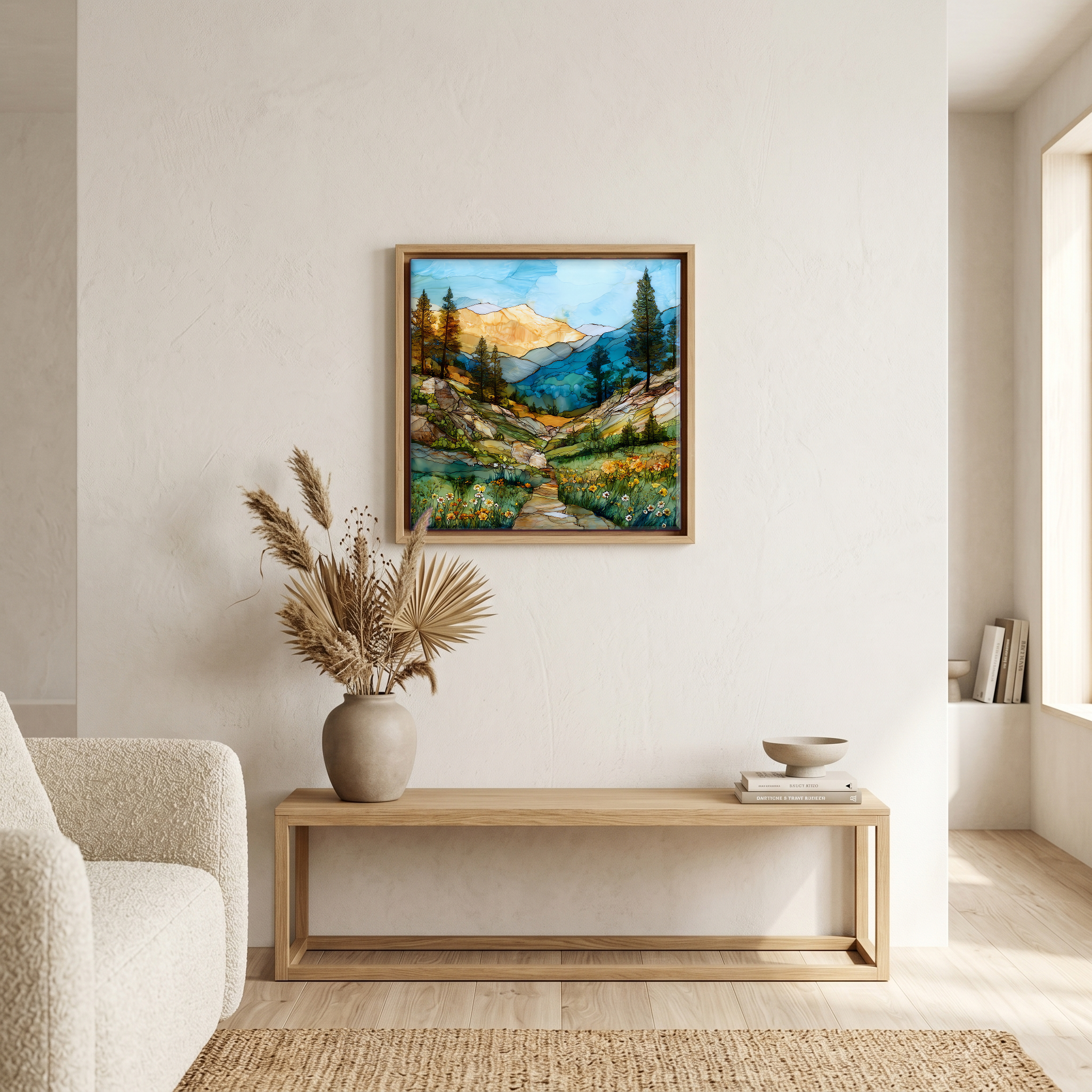 Above the bench, in a warm oak surround.